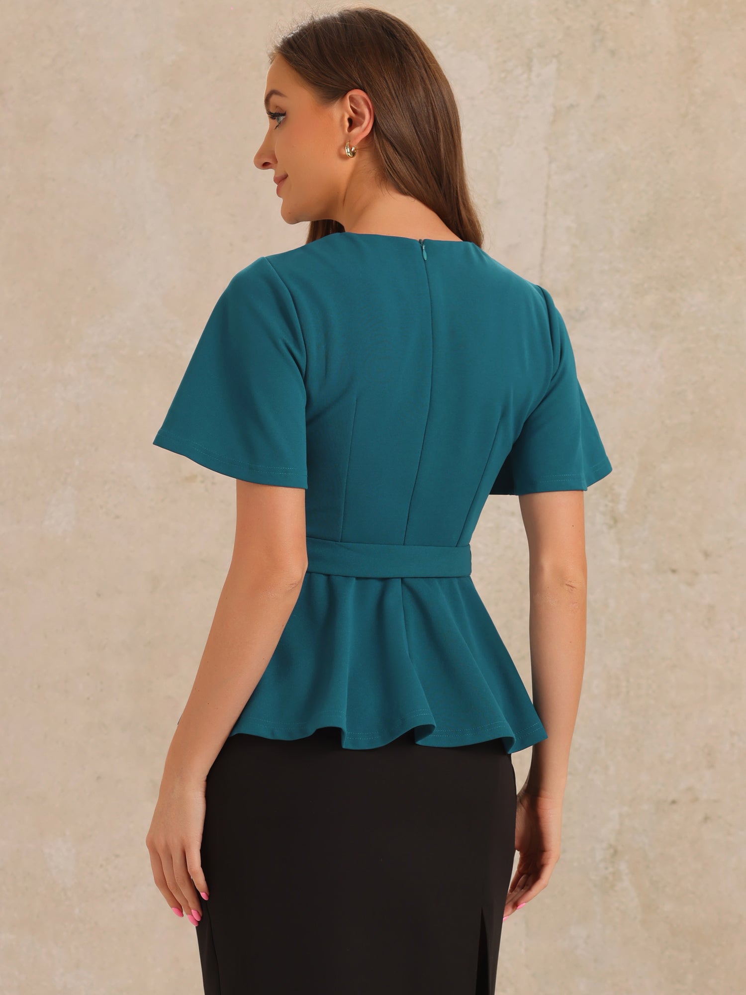 Peplum Round Neck Bell Sleeve Belted Waist Office Blouse