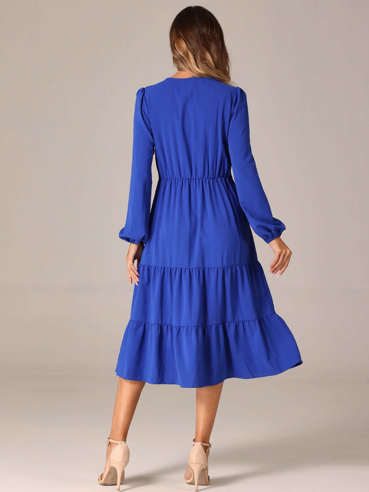 Lantern Sleeve Pocketed Ruffled Tiered A-Line Midi Dress