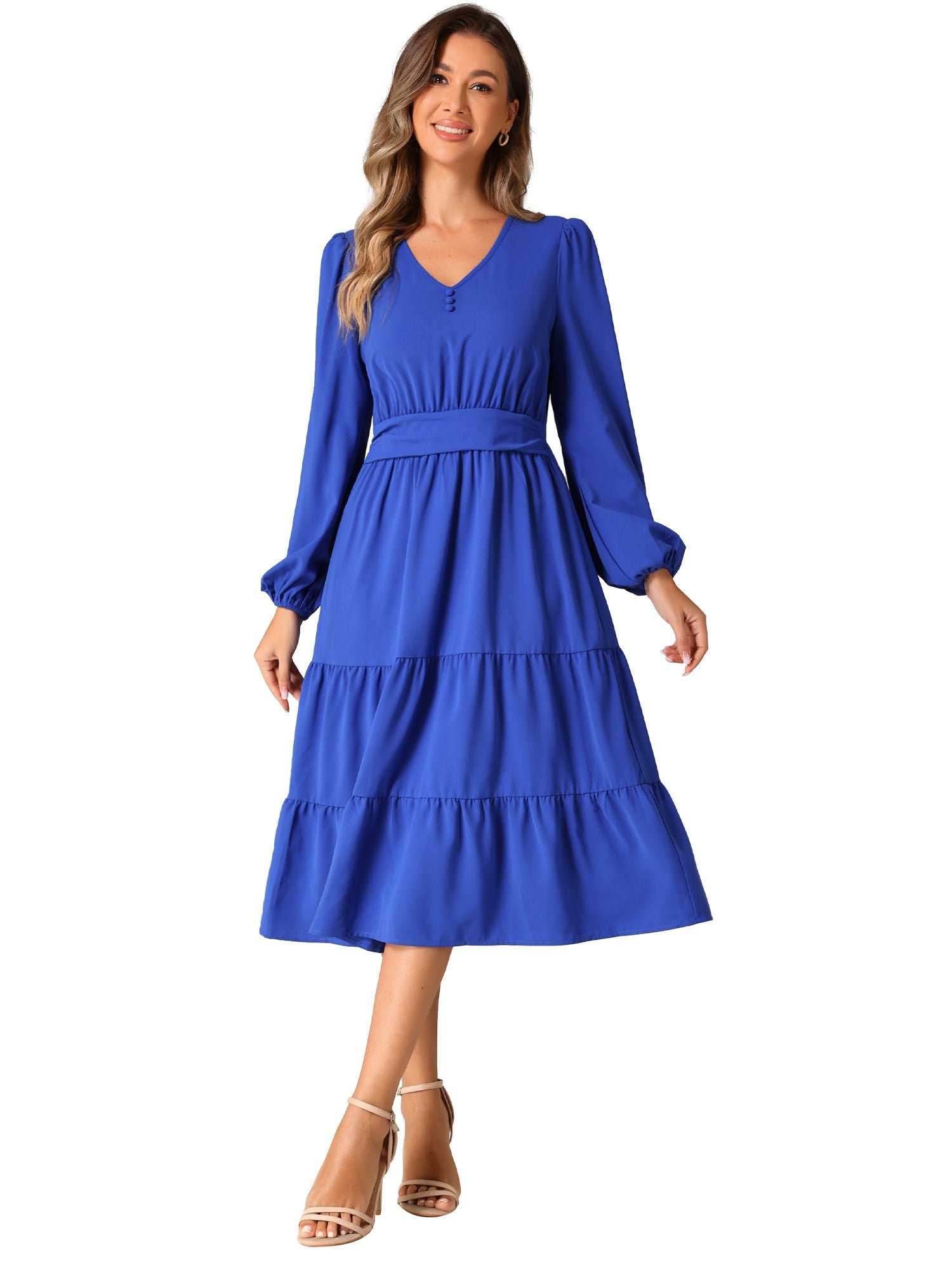 Lantern Sleeve Pocketed Ruffled Tiered A-Line Midi Dress