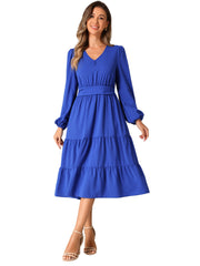 Lantern Sleeve Pocketed Ruffled Tiered A-Line Midi Dress