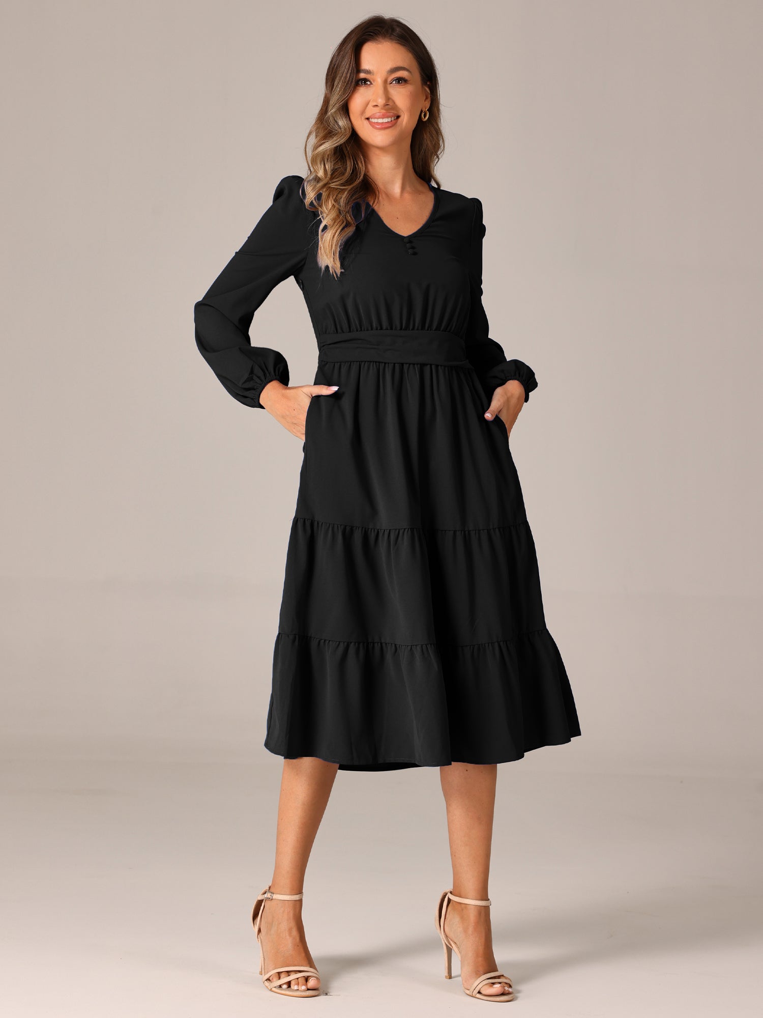 Lantern Sleeve Pocketed Ruffled Tiered A-Line Midi Dress