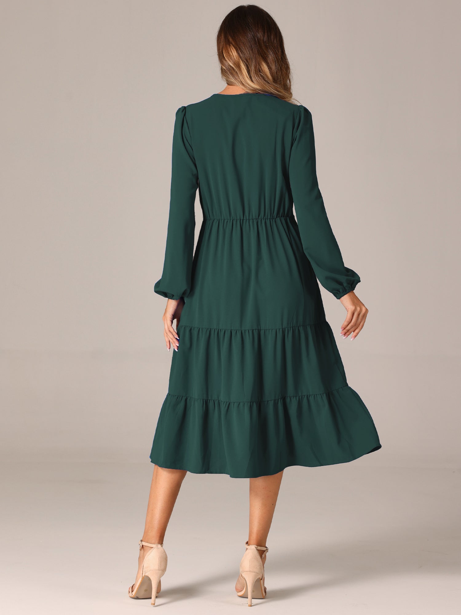 Lantern Sleeve Pocketed Ruffled Tiered A-Line Midi Dress