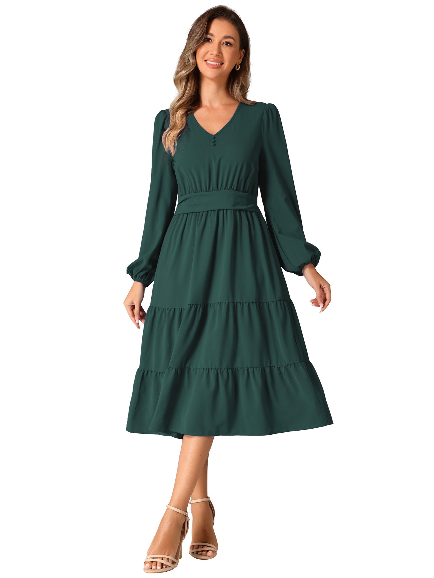 Lantern Sleeve Pocketed Ruffled Tiered A-Line Midi Dress