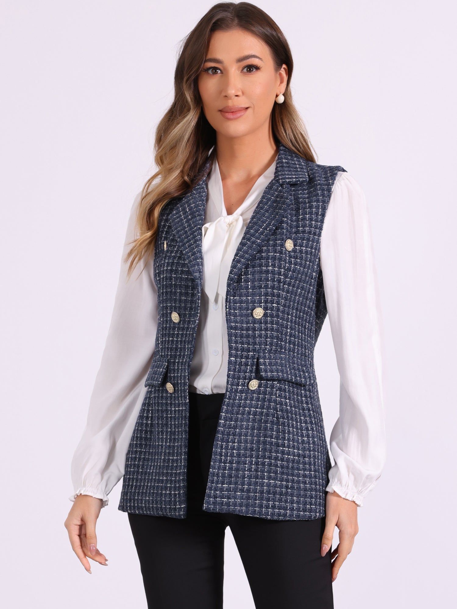 Tweed Open Front Plaid Sleeveless Cardigan Blazer Jacket Vest