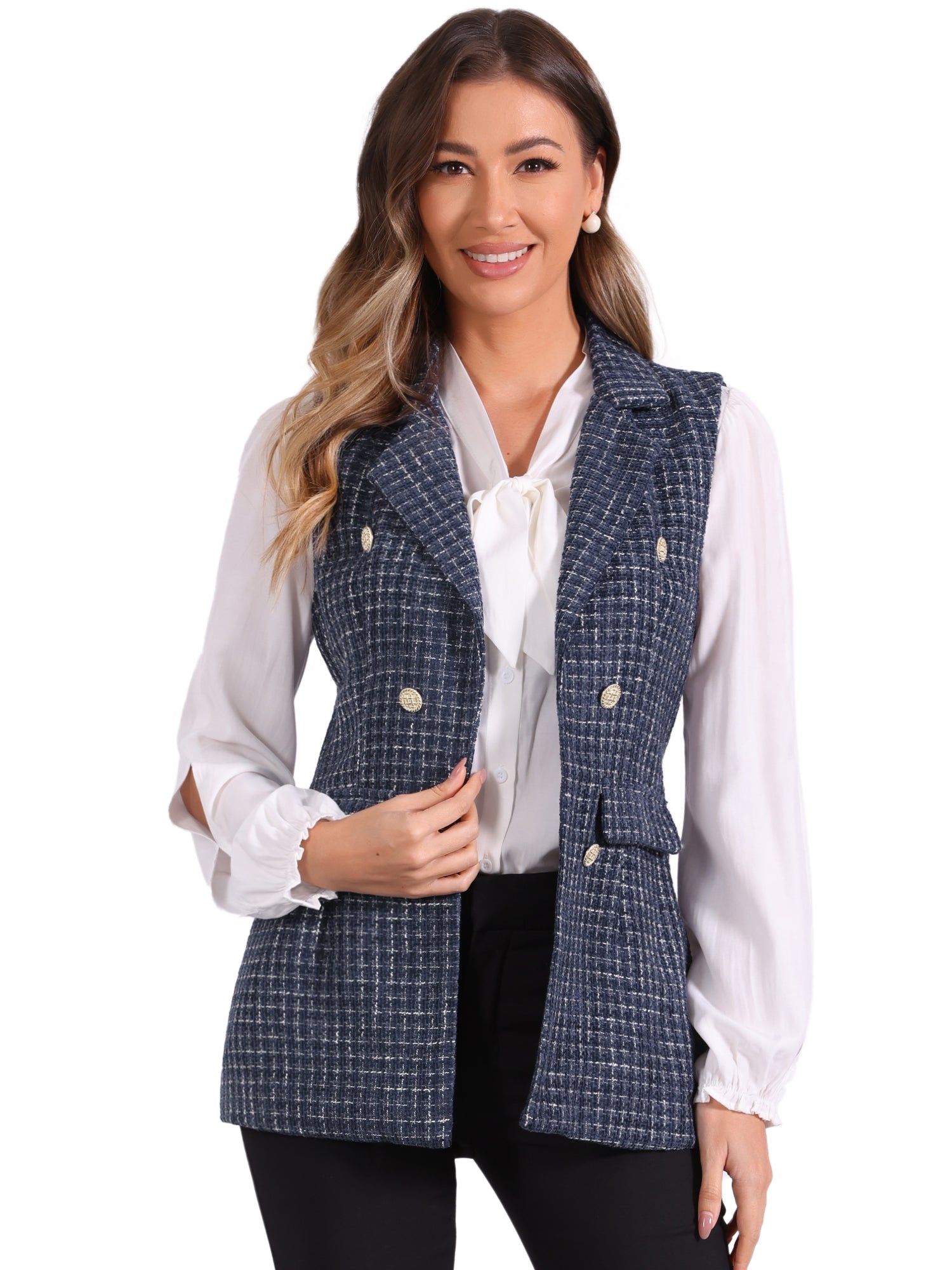 Tweed Open Front Plaid Sleeveless Cardigan Blazer Jacket Vest