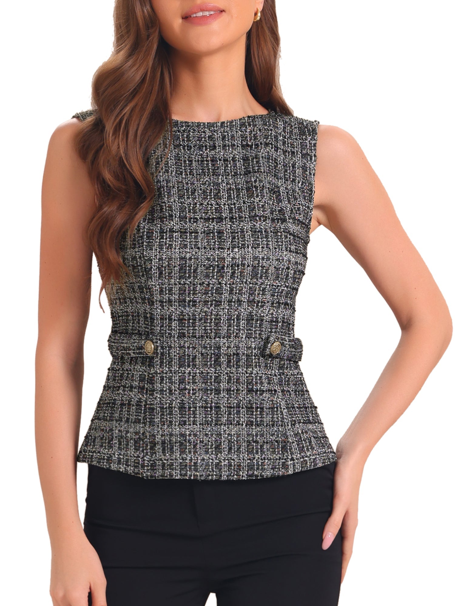 Tweed Plaid Sleeveless Crew Neck Buckle Decor Blouse