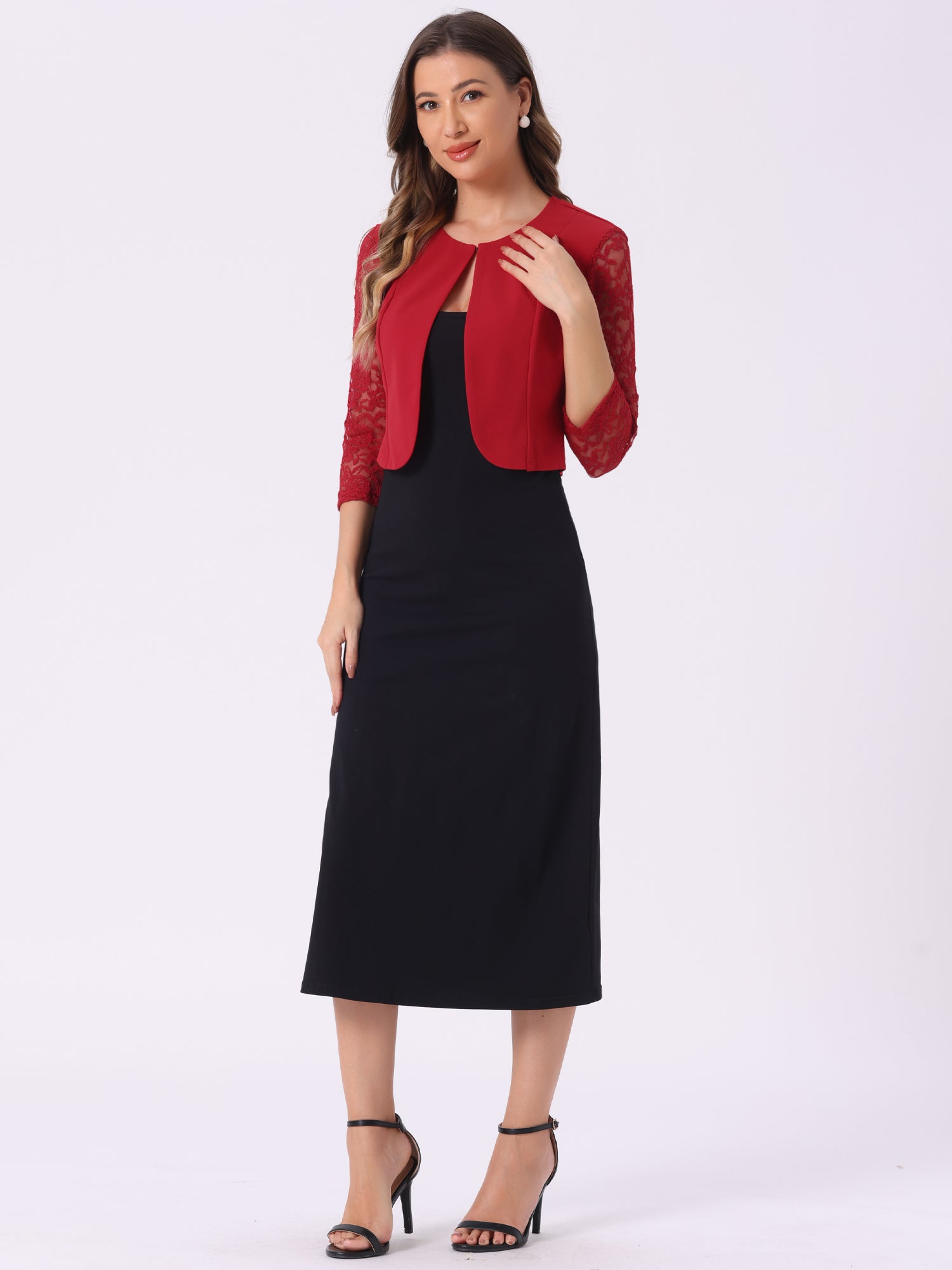 3/4 Sleeve Floral Lace Open Front Office Bolero Shrug
