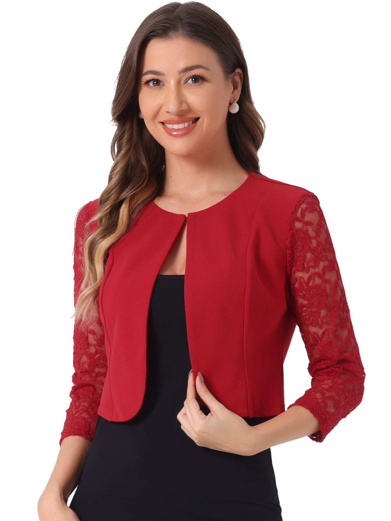 3/4 Sleeve Floral Lace Open Front Office Bolero Shrug