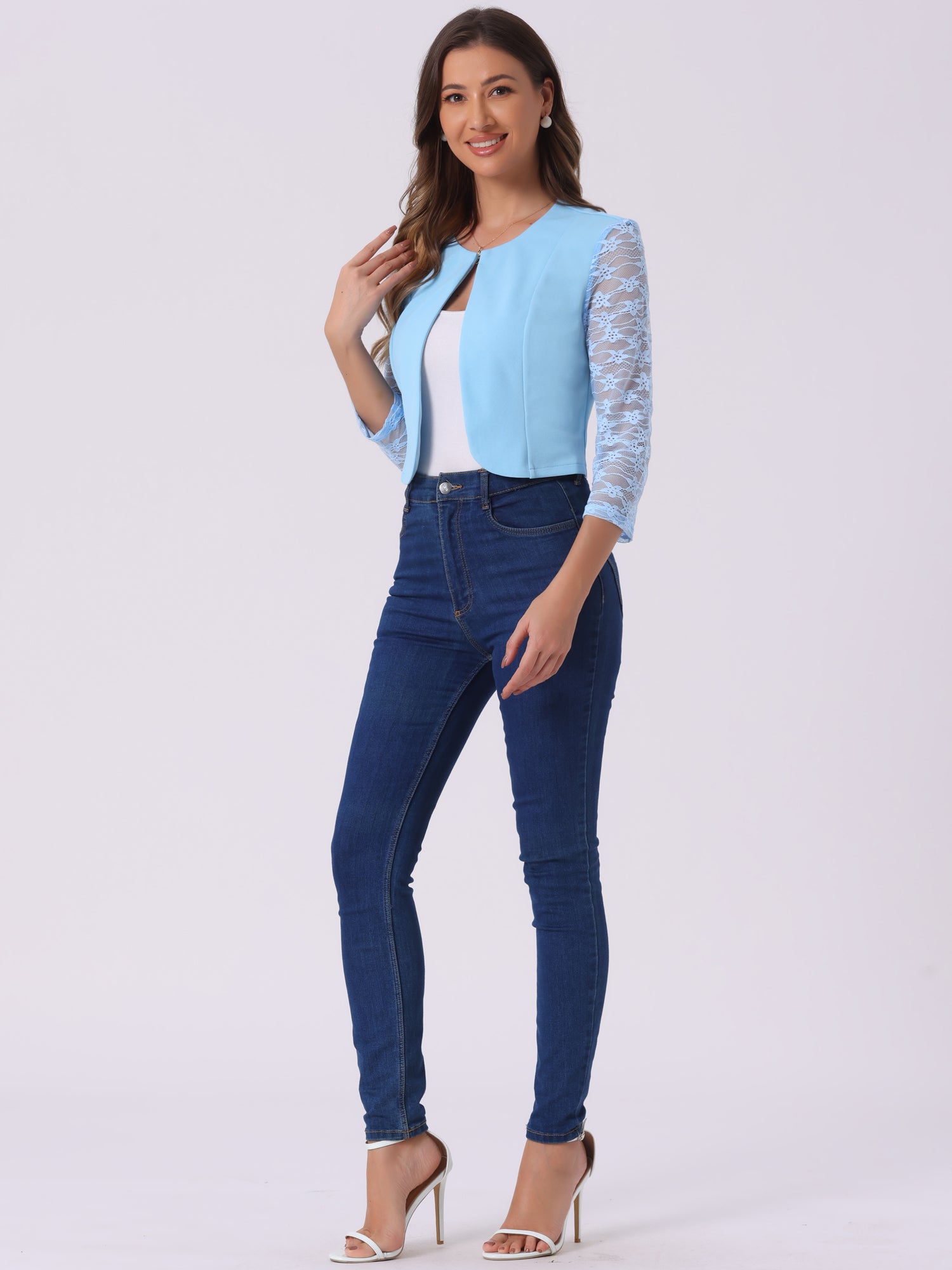 3/4 Sleeve Floral Lace Open Front Office Bolero Shrug