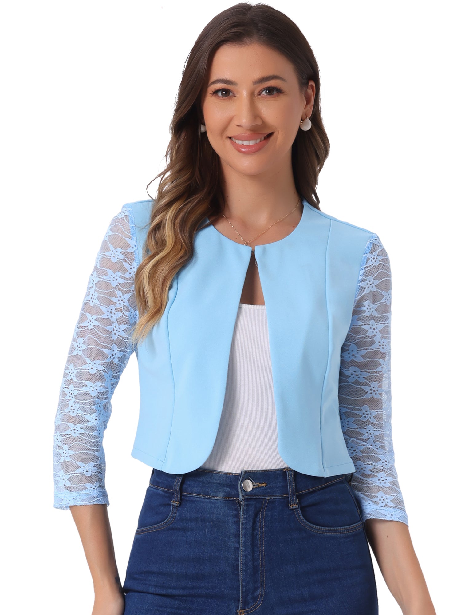 3/4 Sleeve Floral Lace Open Front Office Bolero Shrug