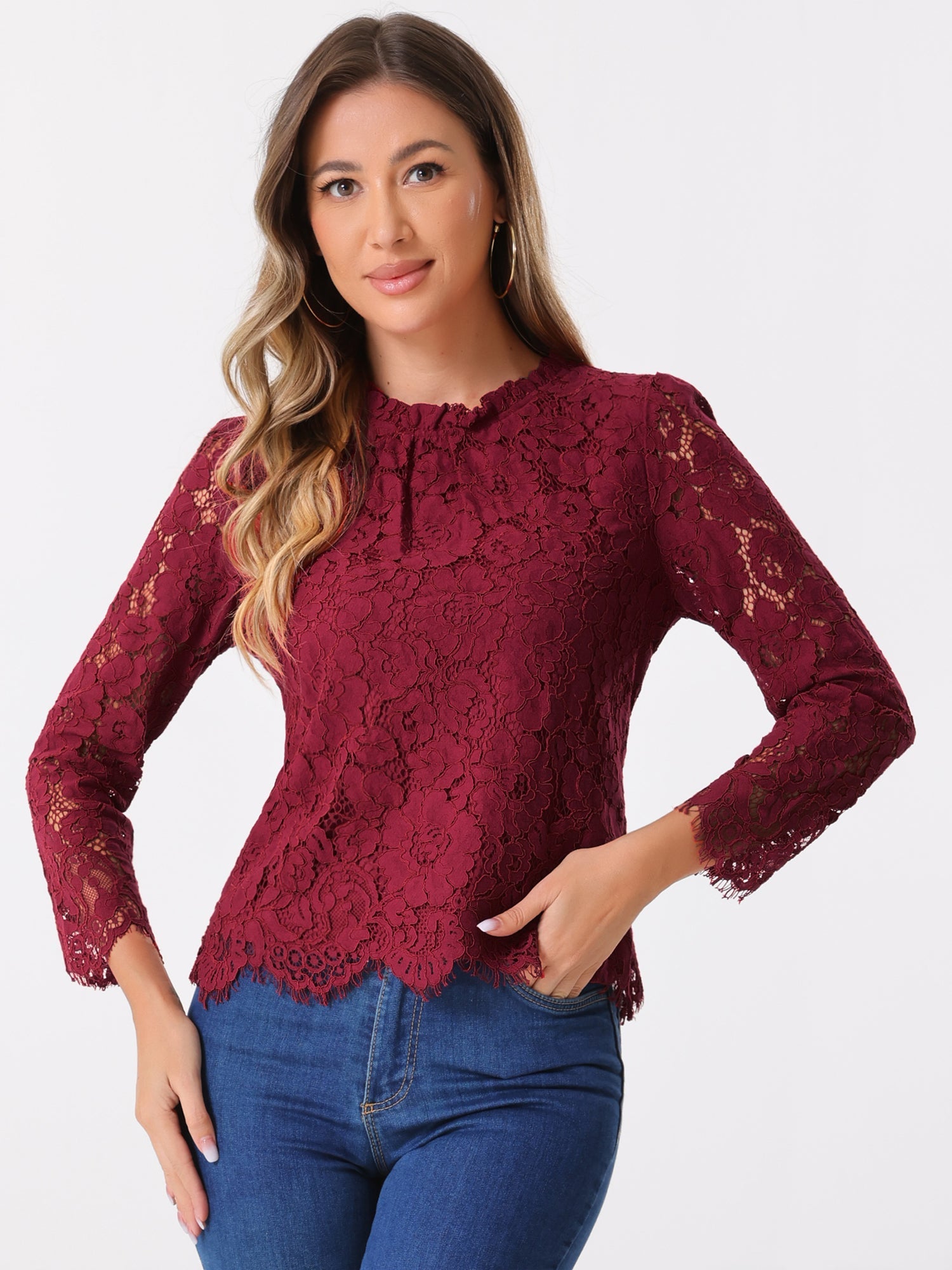 Lace Long Sleeve Ruffle Stand Neck Floral Blouse