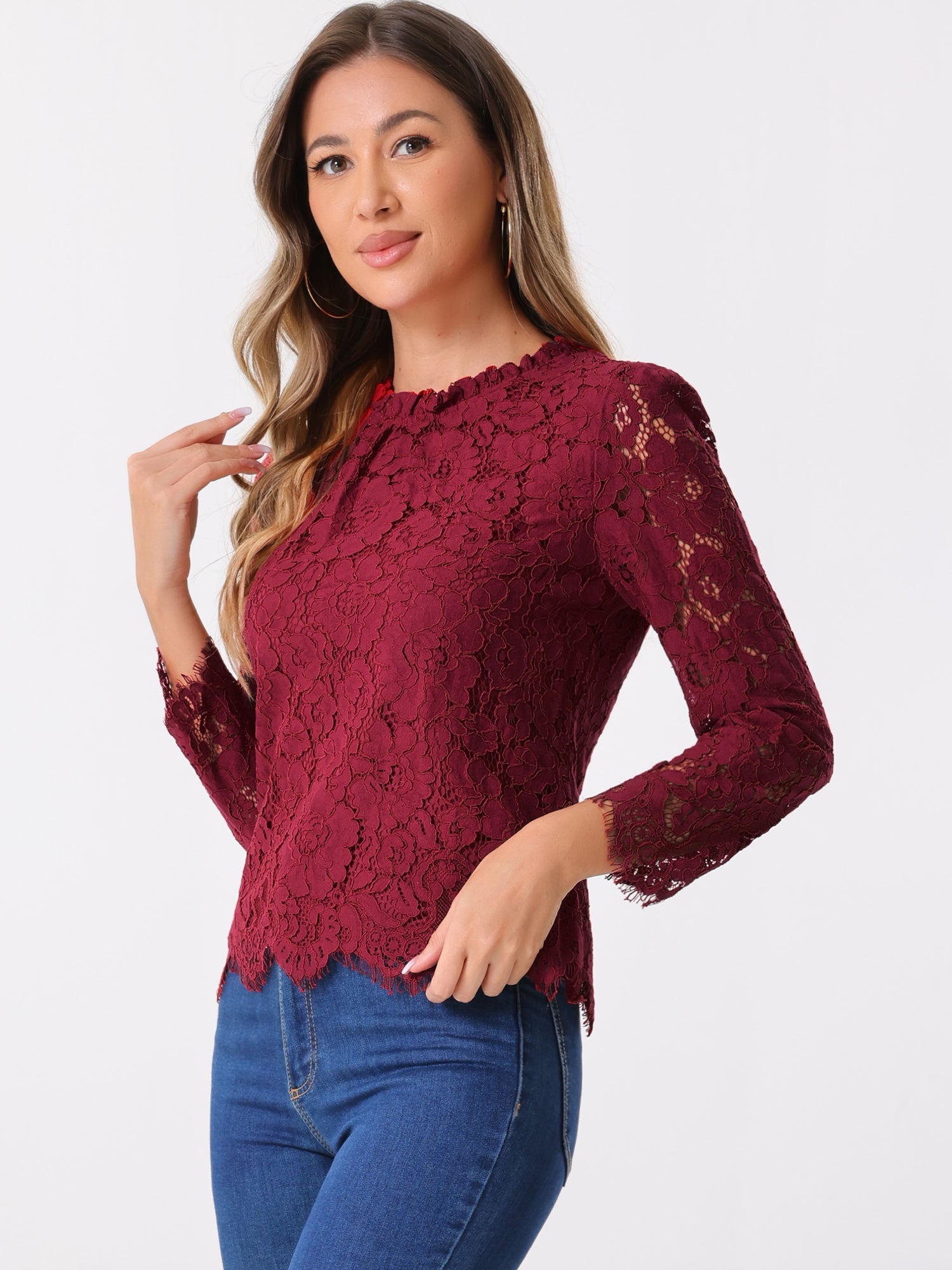 Lace Long Sleeve Ruffle Stand Neck Floral Blouse