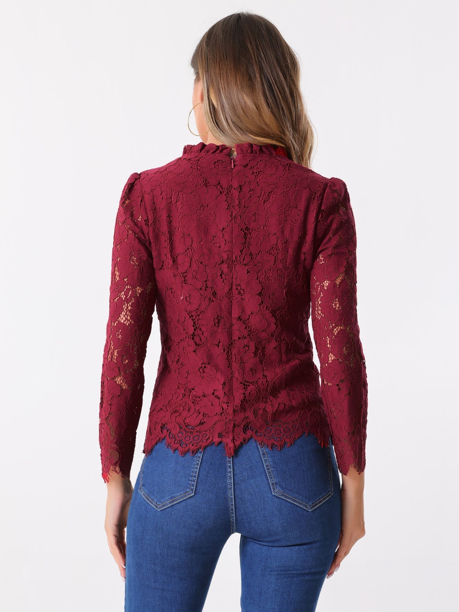 Lace Long Sleeve Ruffle Stand Neck Floral Blouse