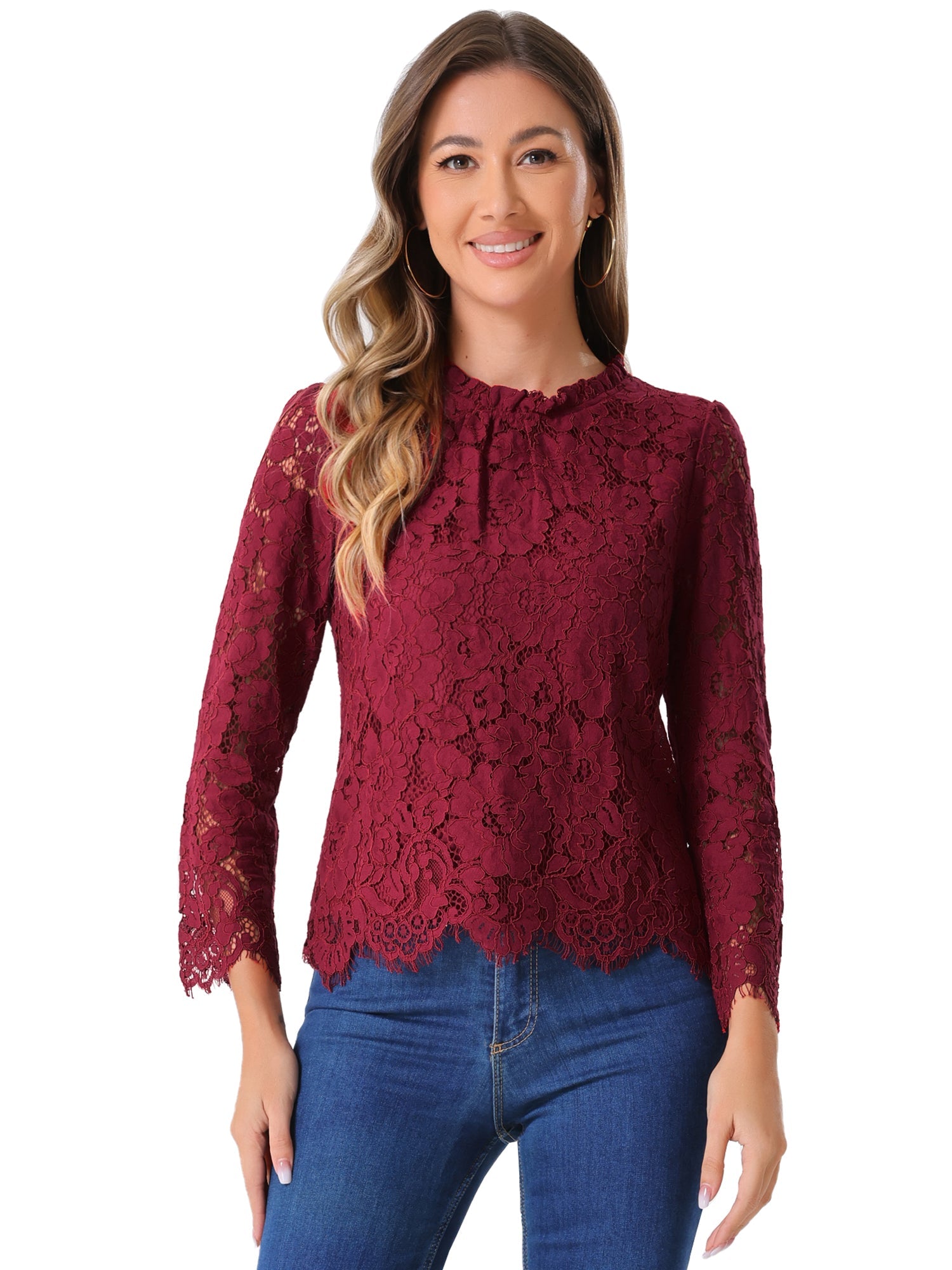 Lace Long Sleeve Ruffle Stand Neck Floral Blouse