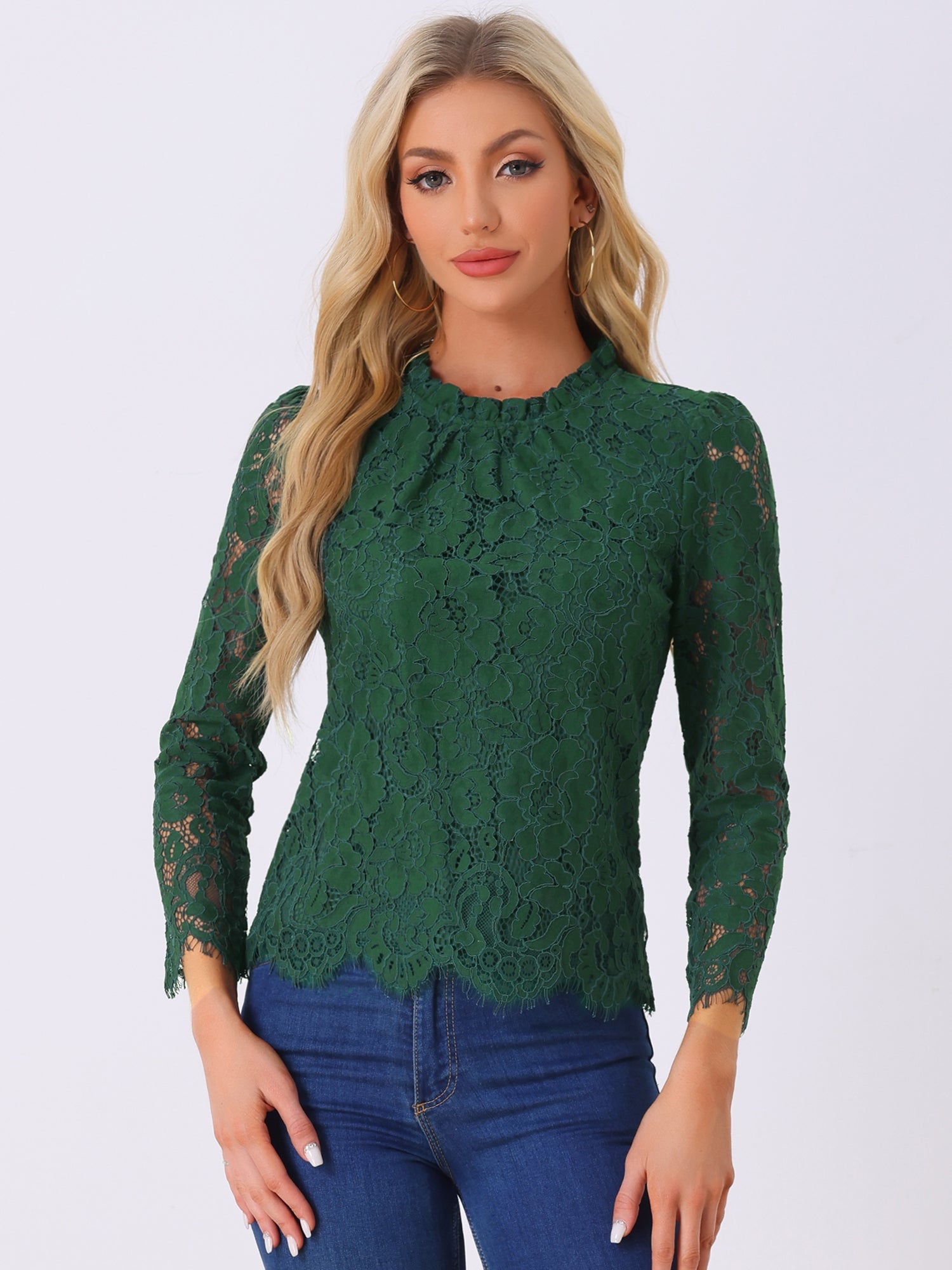 Lace Long Sleeve Ruffle Stand Neck Floral Blouse