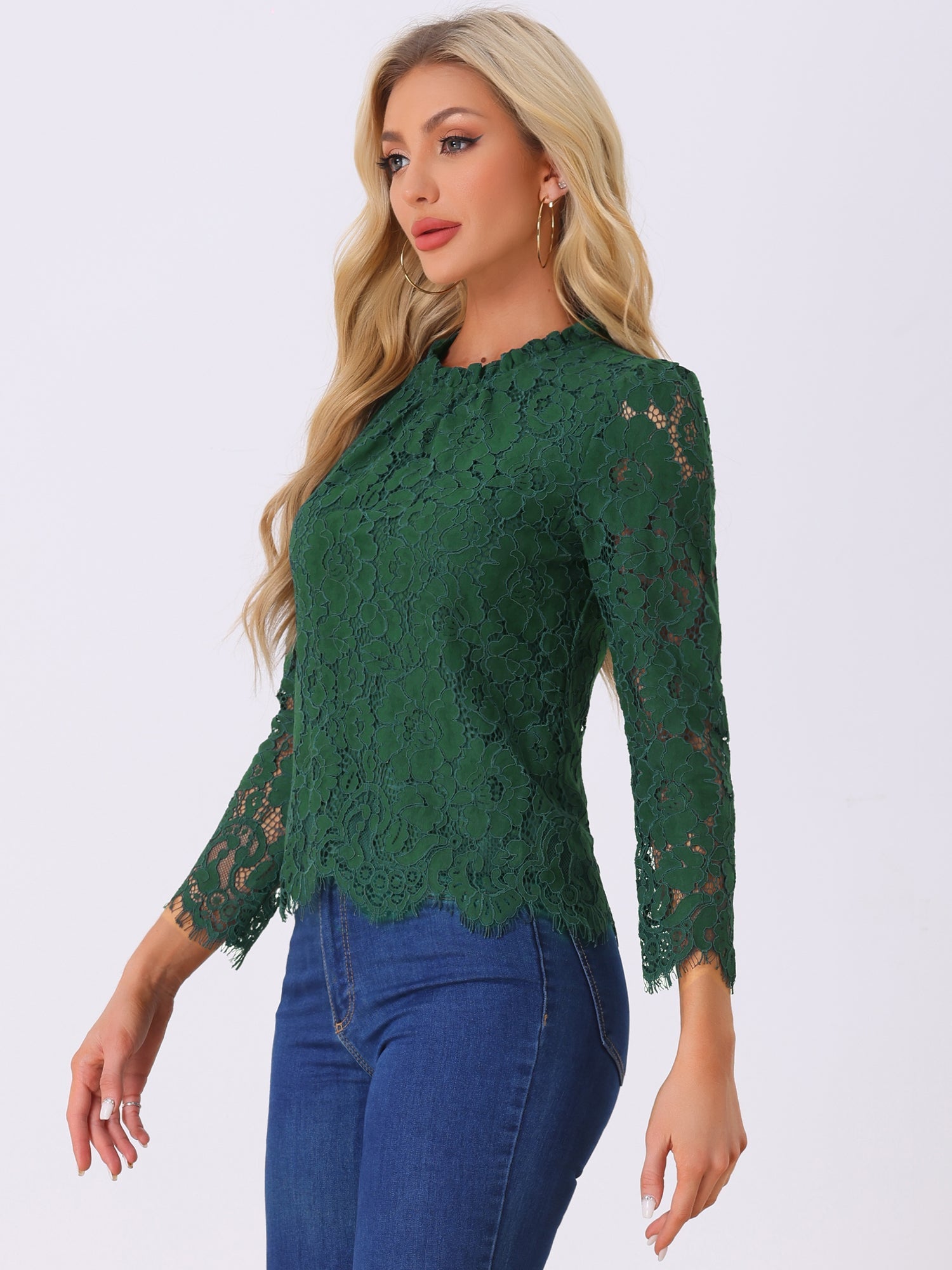 Lace Long Sleeve Ruffle Stand Neck Floral Blouse
