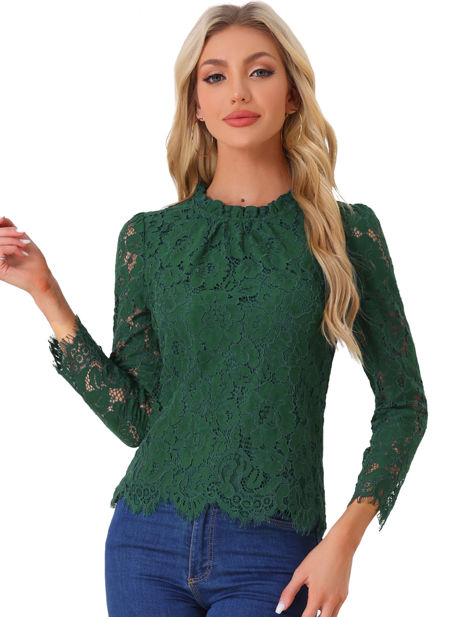 Lace Long Sleeve Ruffle Stand Neck Floral Blouse
