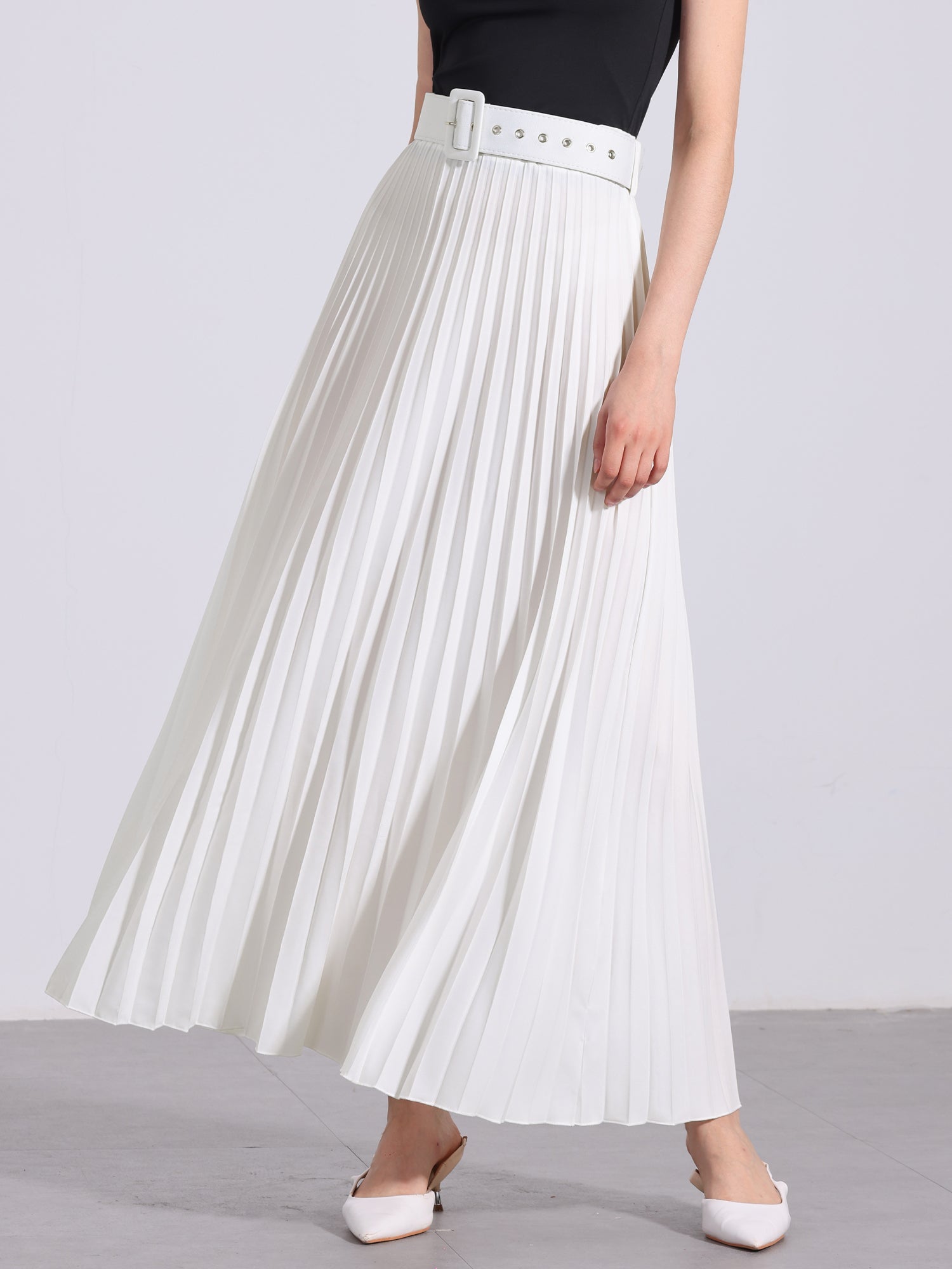 Flowy Pleated Elastic High Waist Belted Swing A-line Maxi Skirt