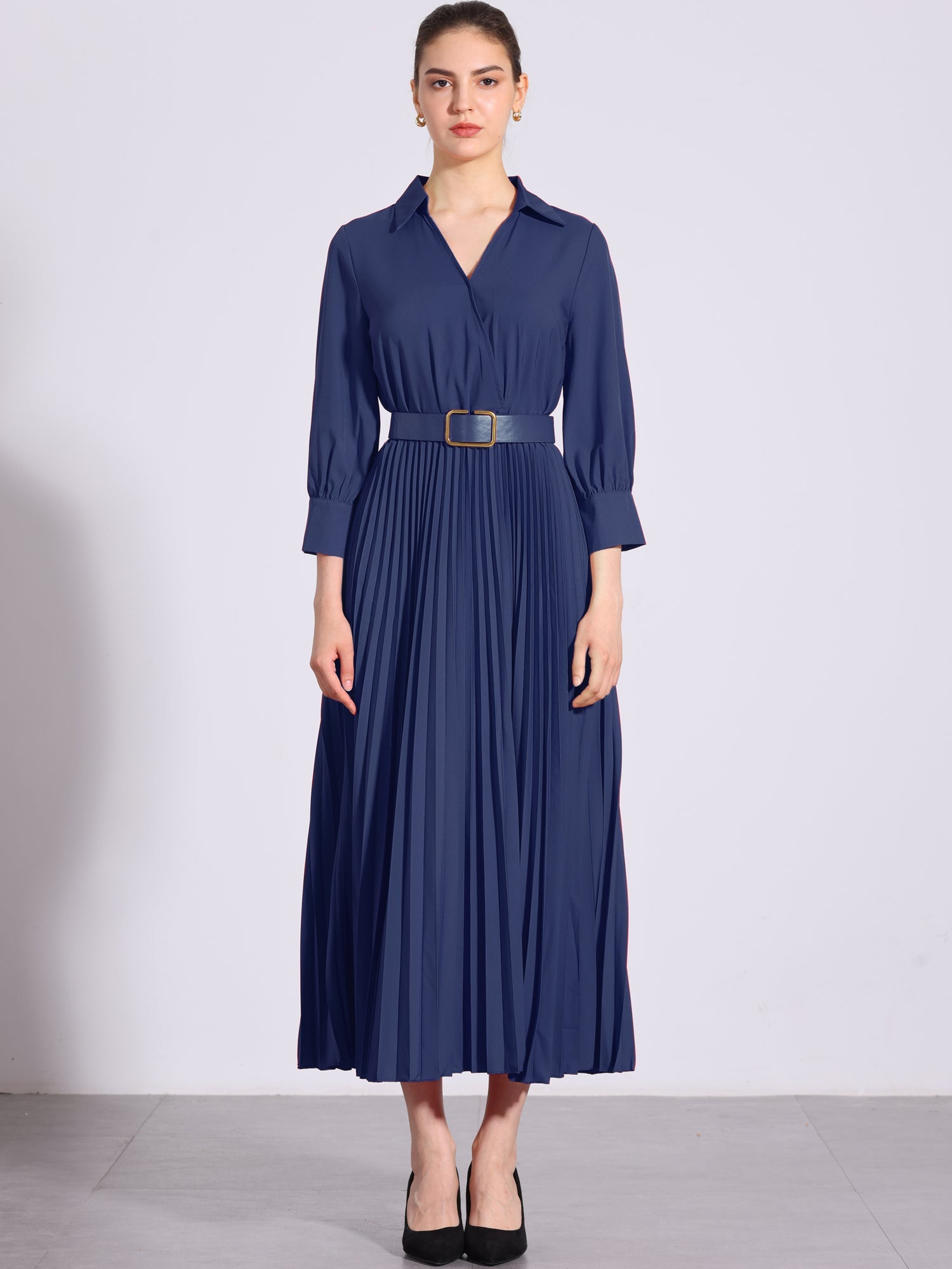 Collar V Neck Belted Dressy Casual Pleated Maxi Dress