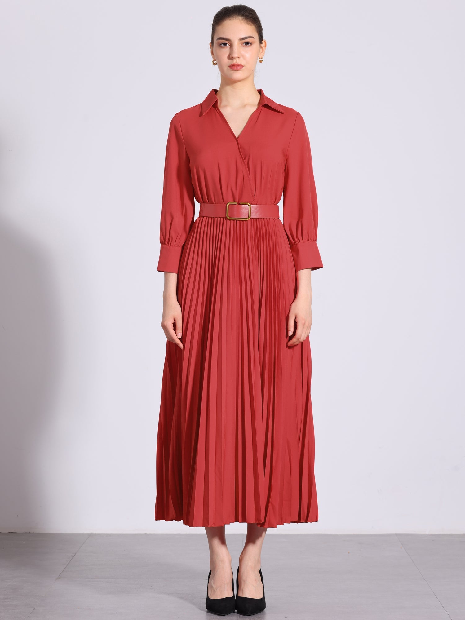 Collar V Neck Belted Dressy Casual Pleated Maxi Dress
