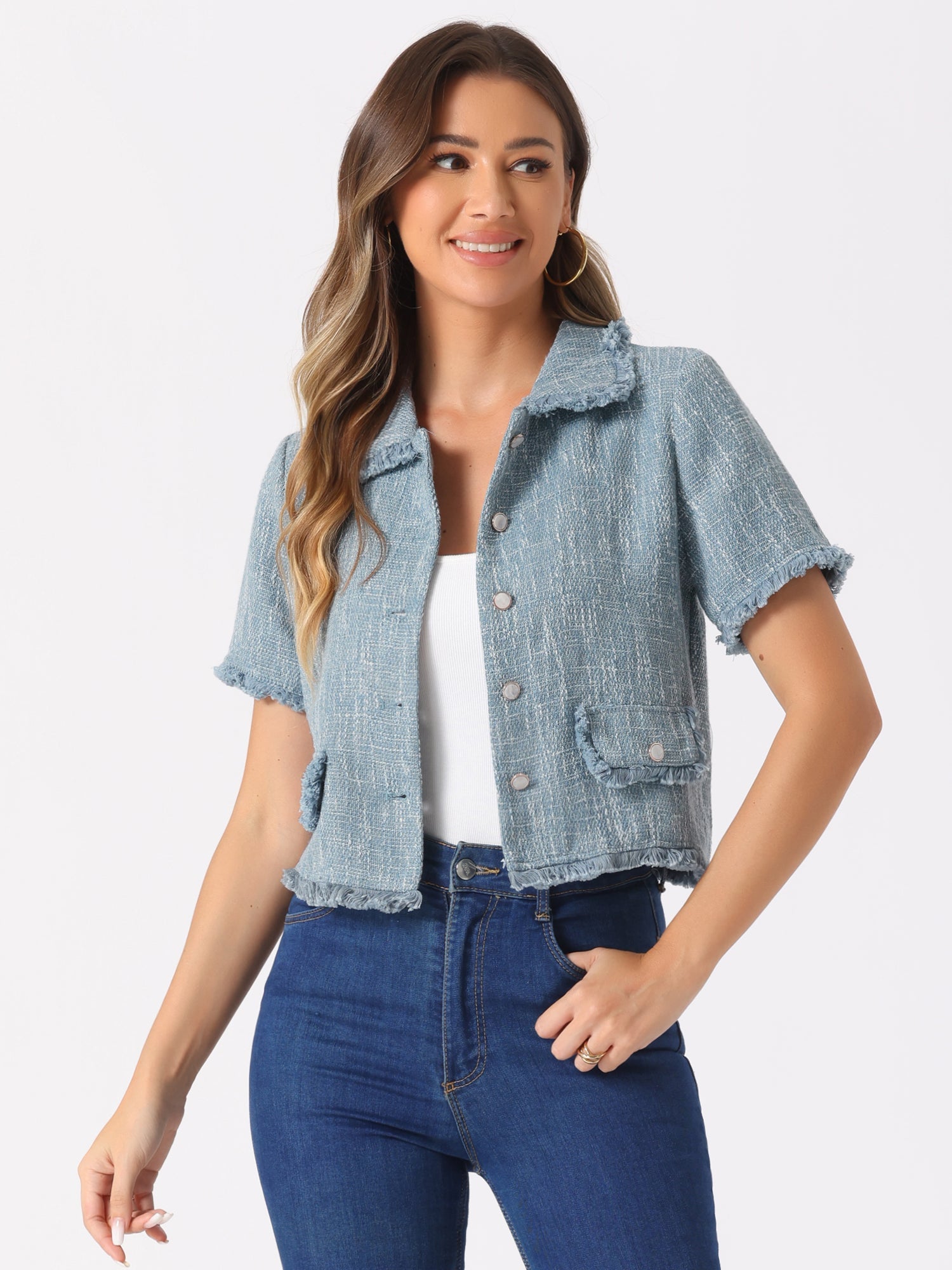 Tweed Tassel Cropped Length Summer Short Sleeve Shirt