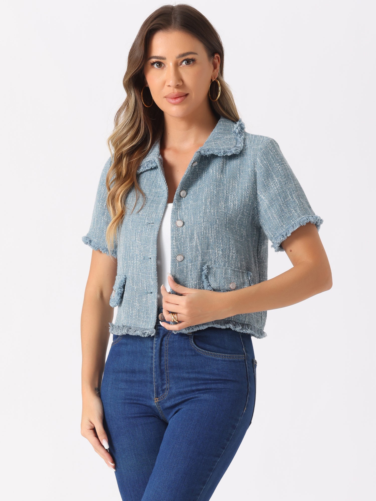 Tweed Tassel Cropped Length Summer Short Sleeve Shirt