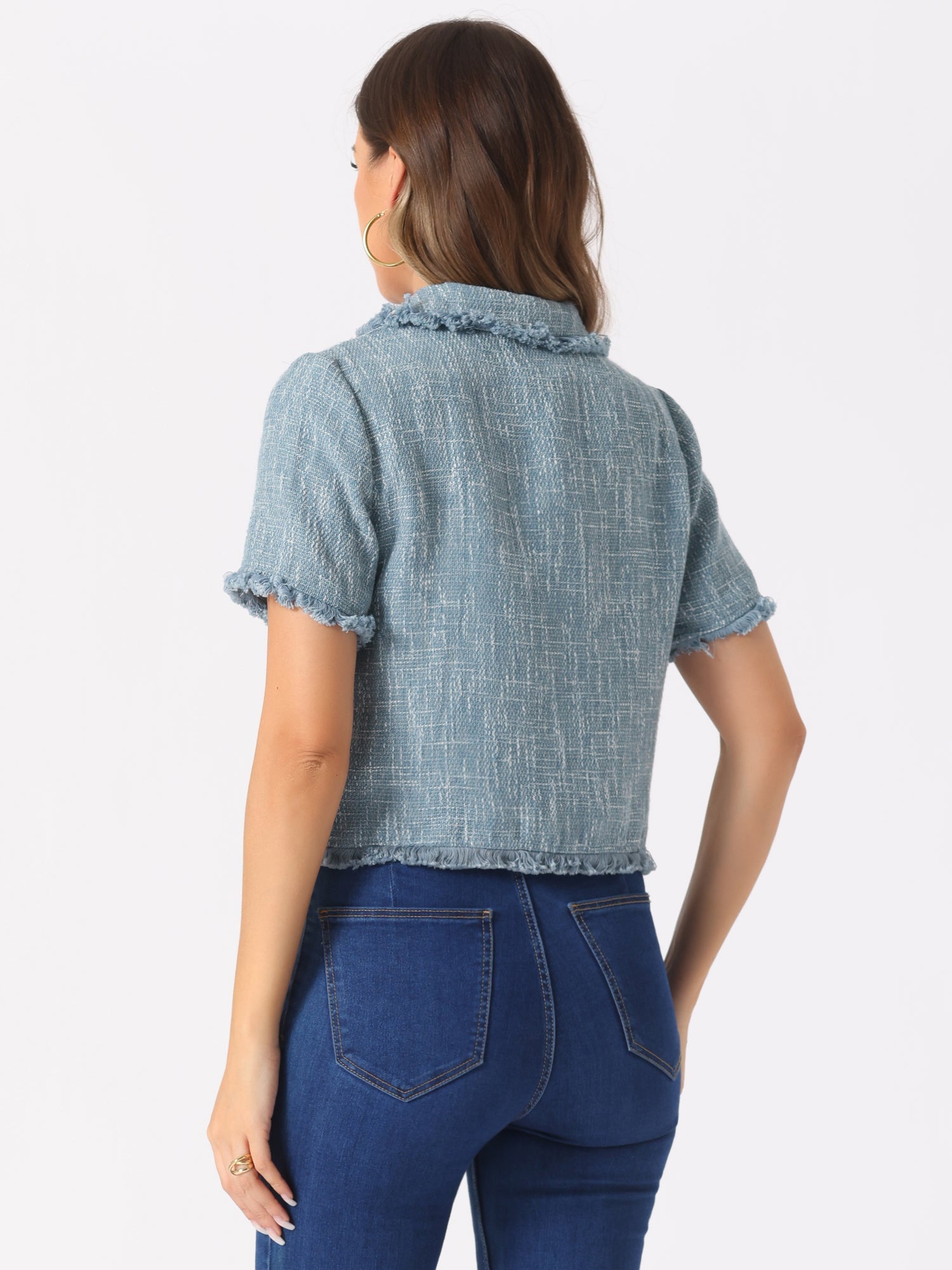 Tweed Tassel Cropped Length Summer Short Sleeve Shirt