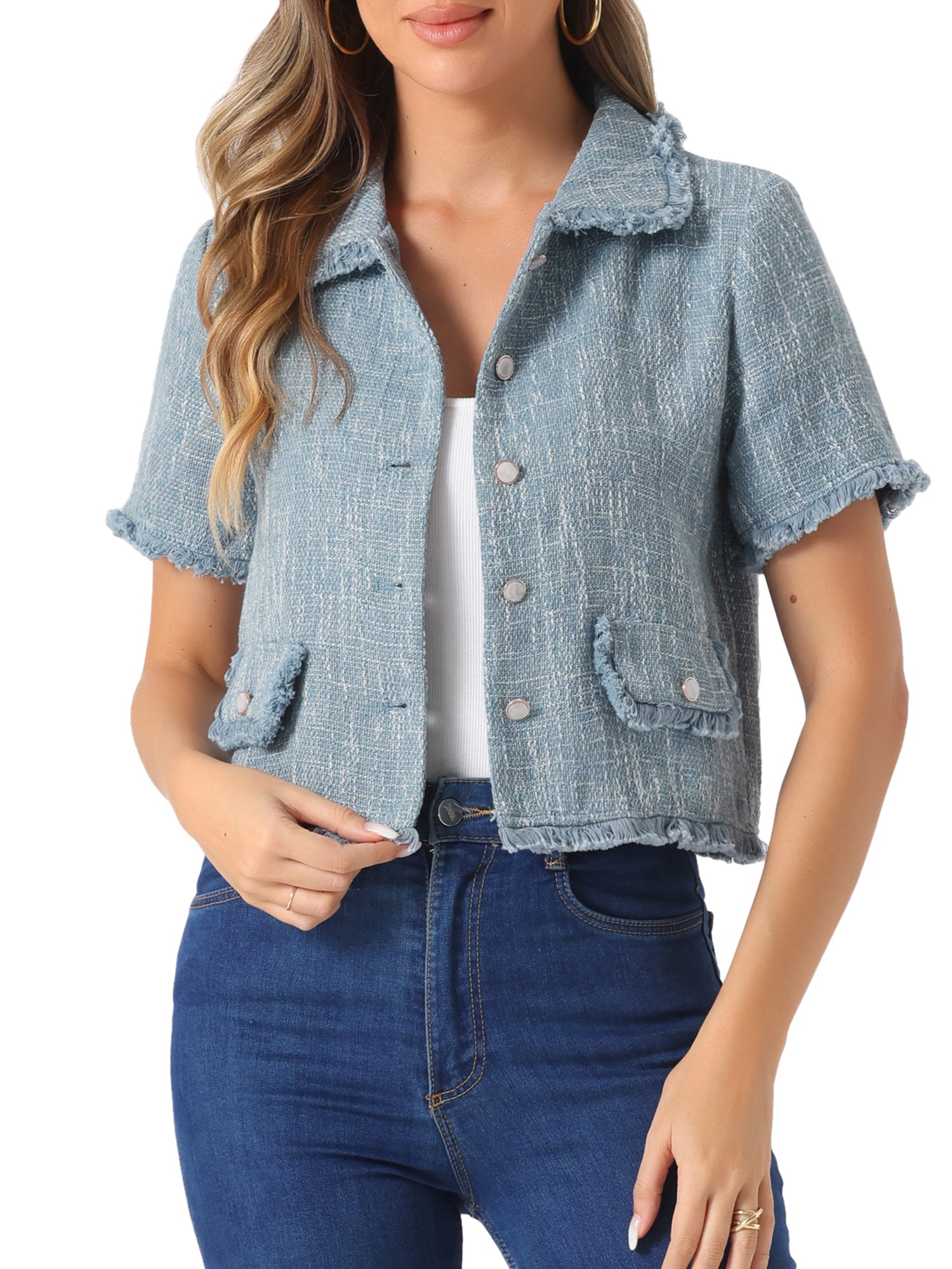 Tweed Tassel Cropped Length Summer Short Sleeve Shirt