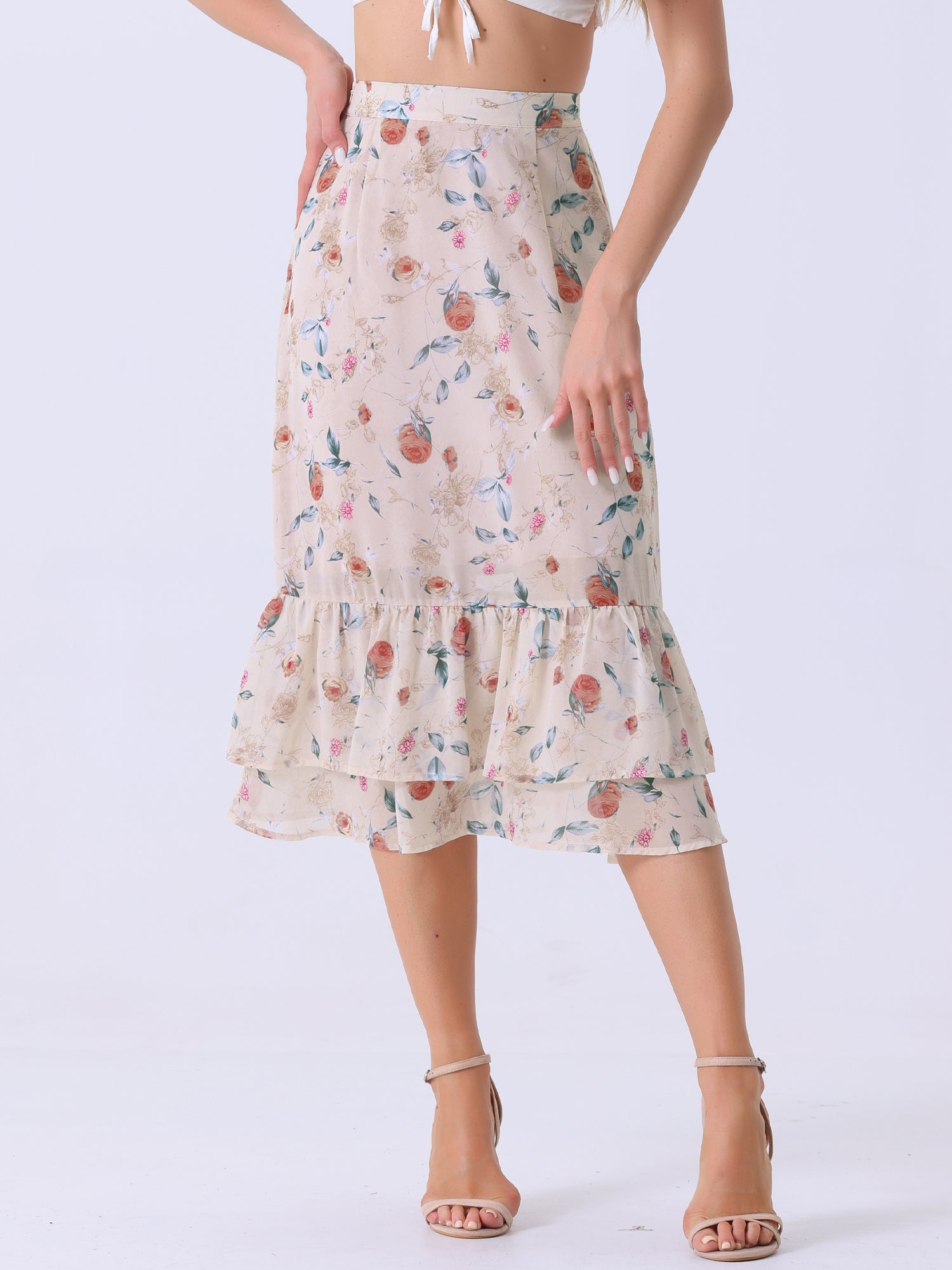 Chiffon Printed Elastic Waist Ruffle Tiered Flowy Midi Skirt