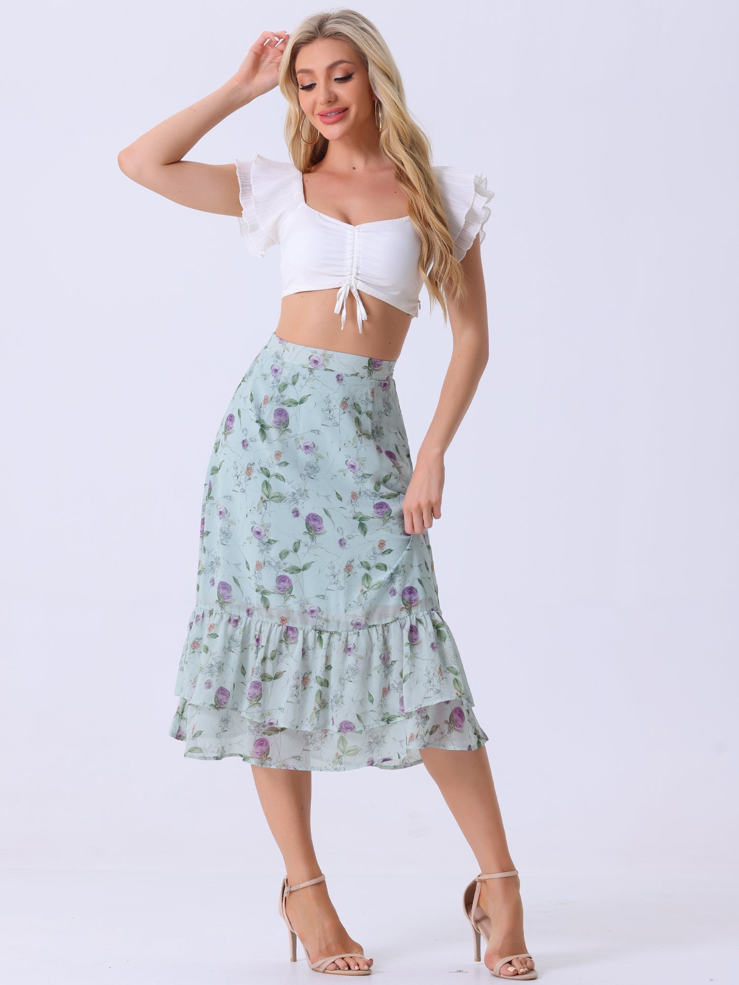 Chiffon Printed Elastic Waist Ruffle Tiered Flowy Midi Skirt