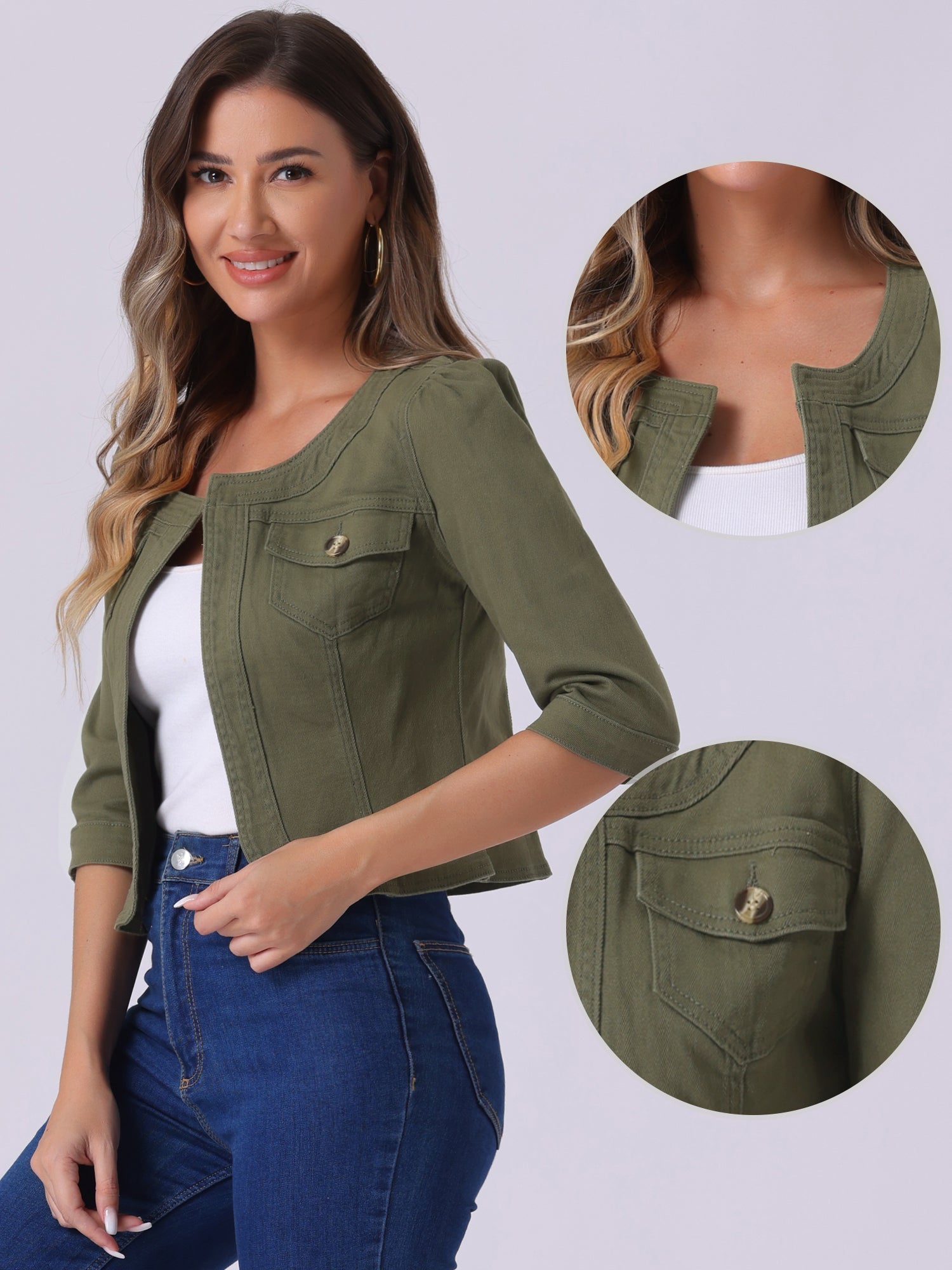Denim Collarless Pockets 3/4 Sleeve Feminine Style Jacket