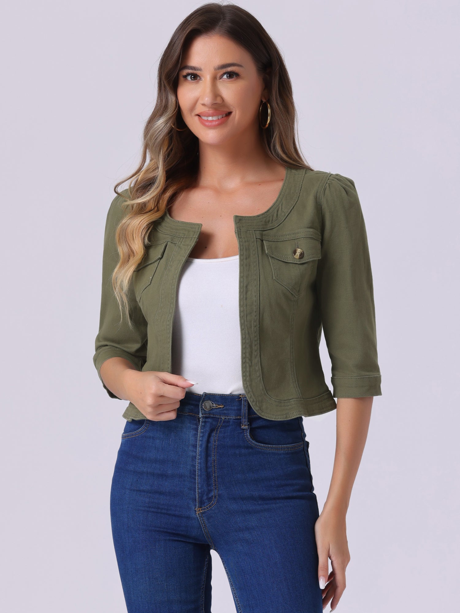 Denim Collarless Pockets 3/4 Sleeve Feminine Style Jacket