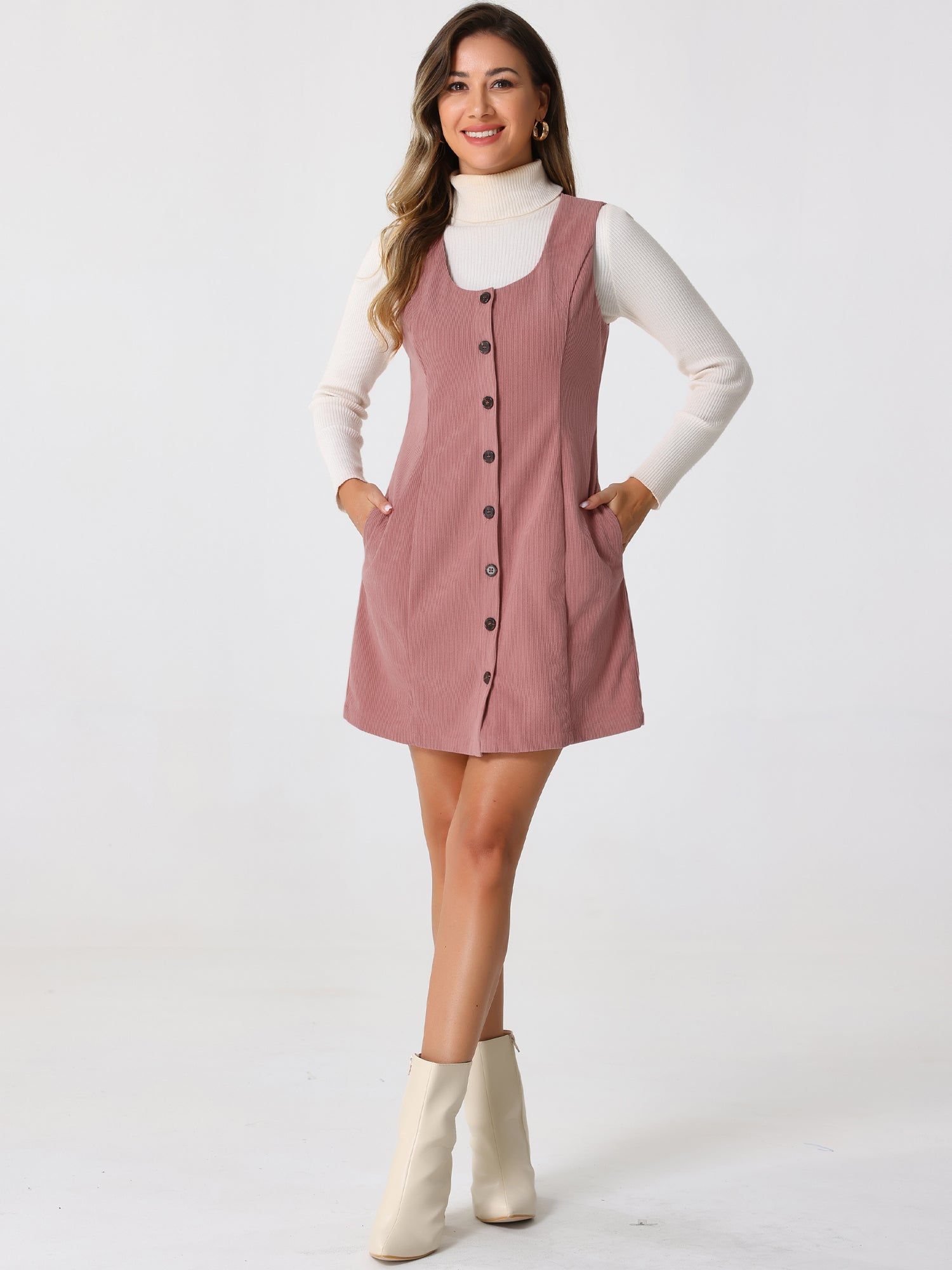 Corduroy Overall Scoop Neck Sleeveless Button Pinefore Dress
