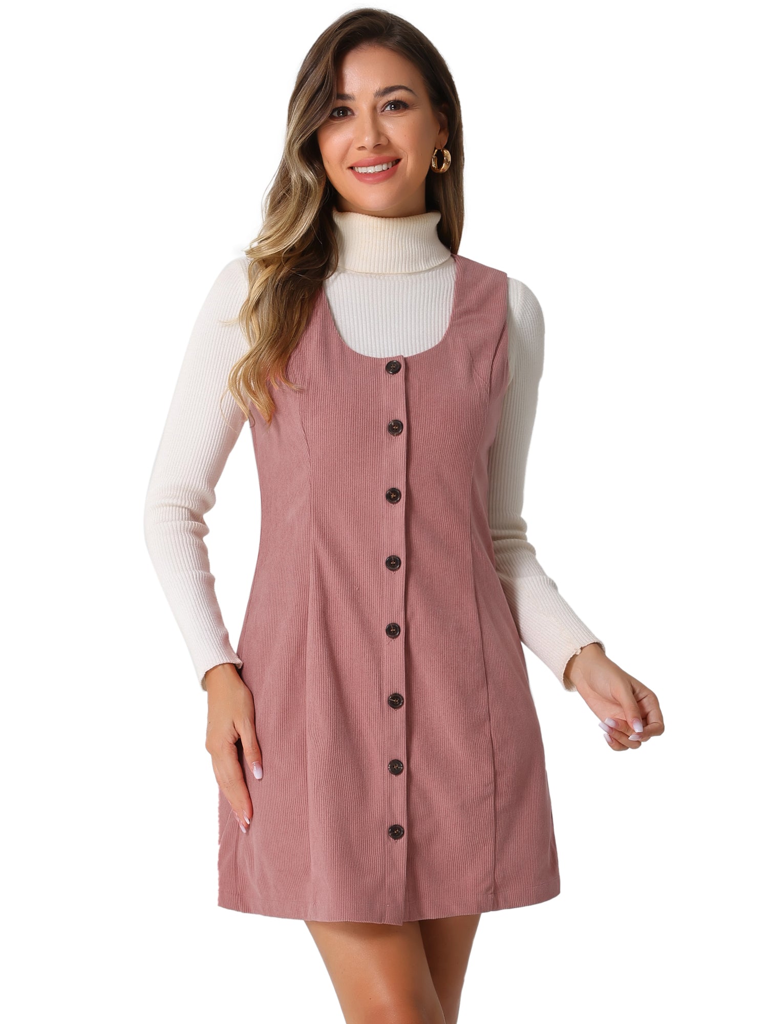 Corduroy Overall Scoop Neck Sleeveless Button Pinefore Dress