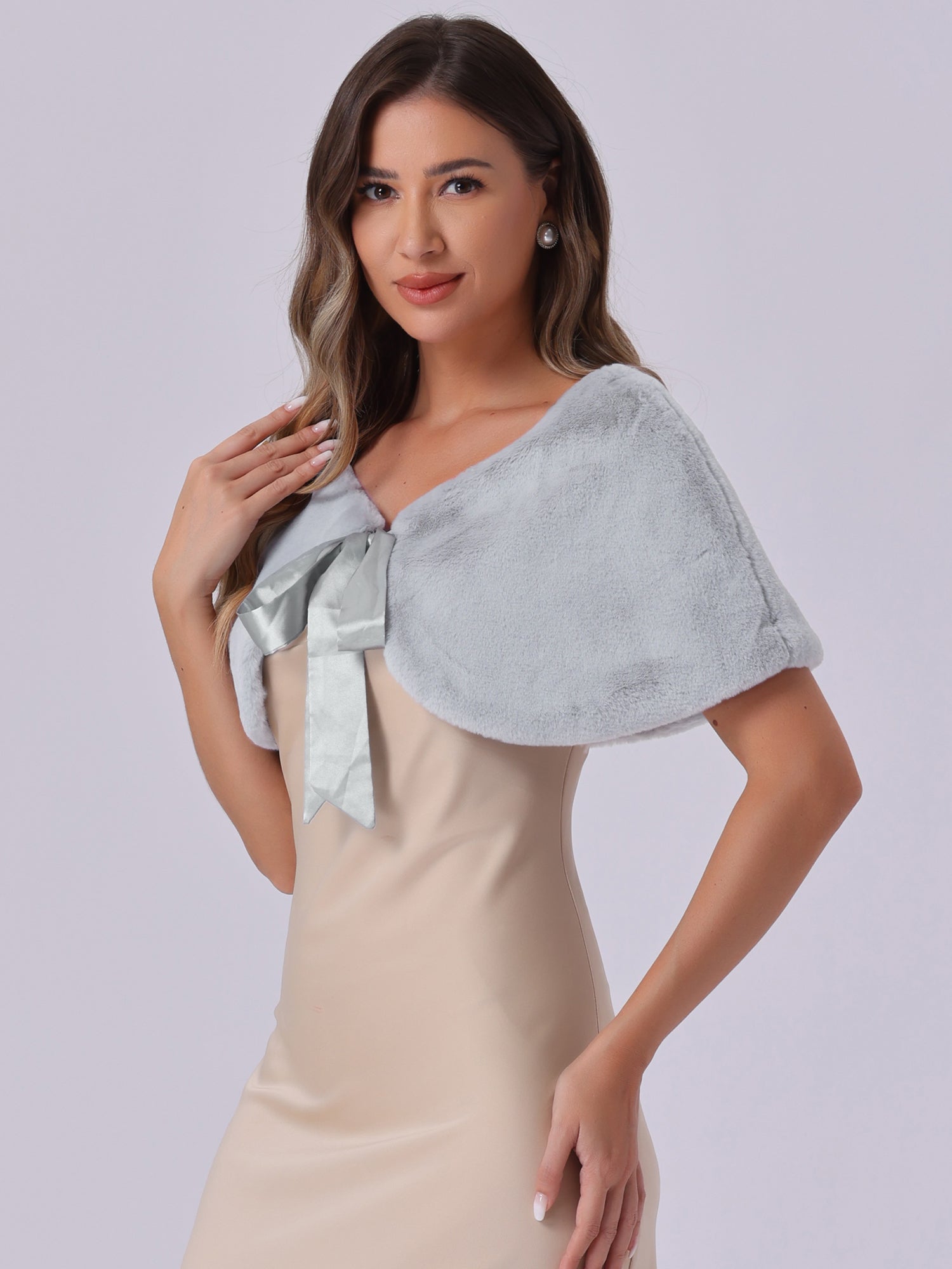 Elegant Faux Fur Shawl Stole Bow Tie Bridal Shrugs