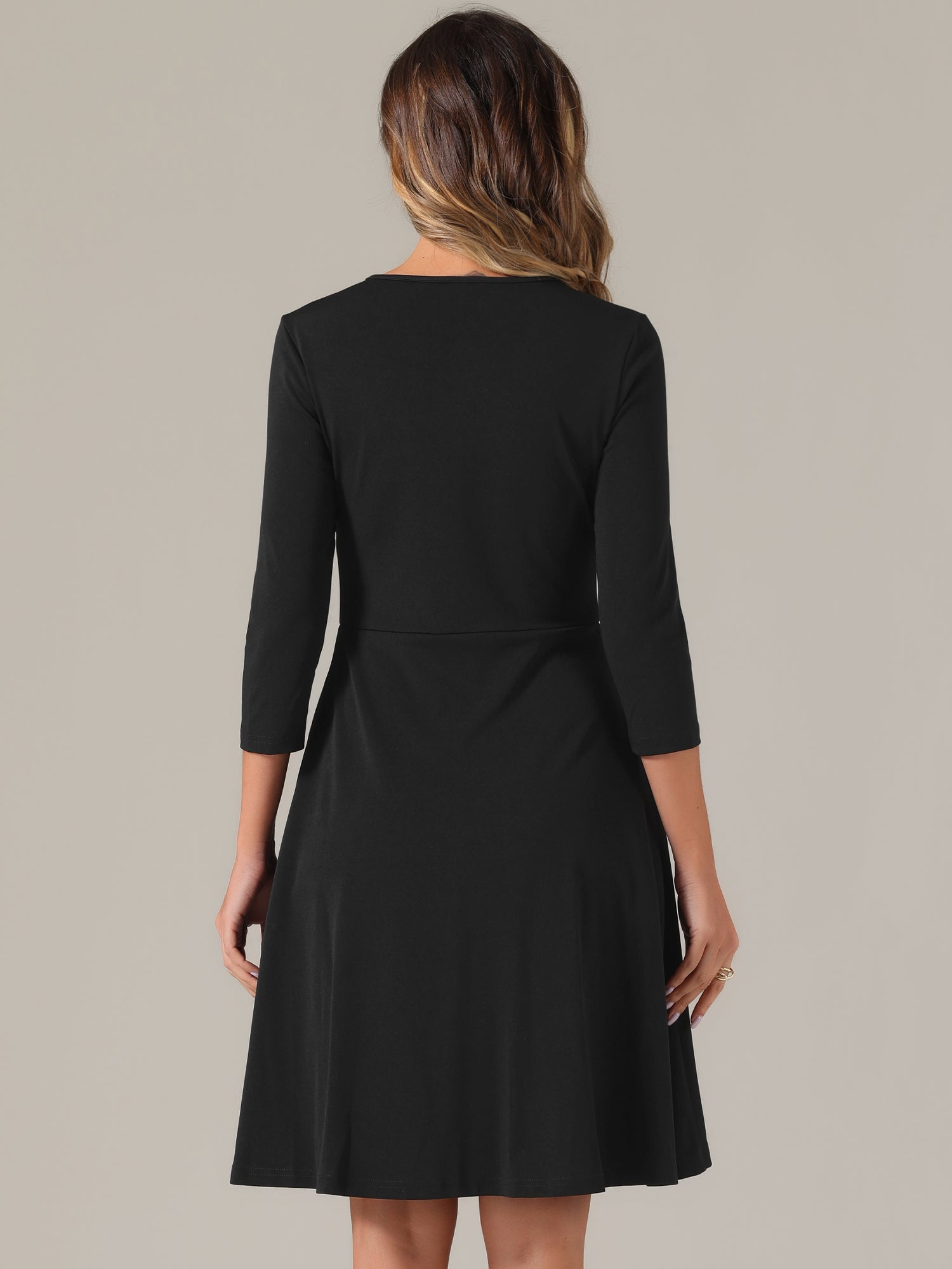 3/4 Sleeve Pleated Keyhole Pockets A-Line Above Knee Dress