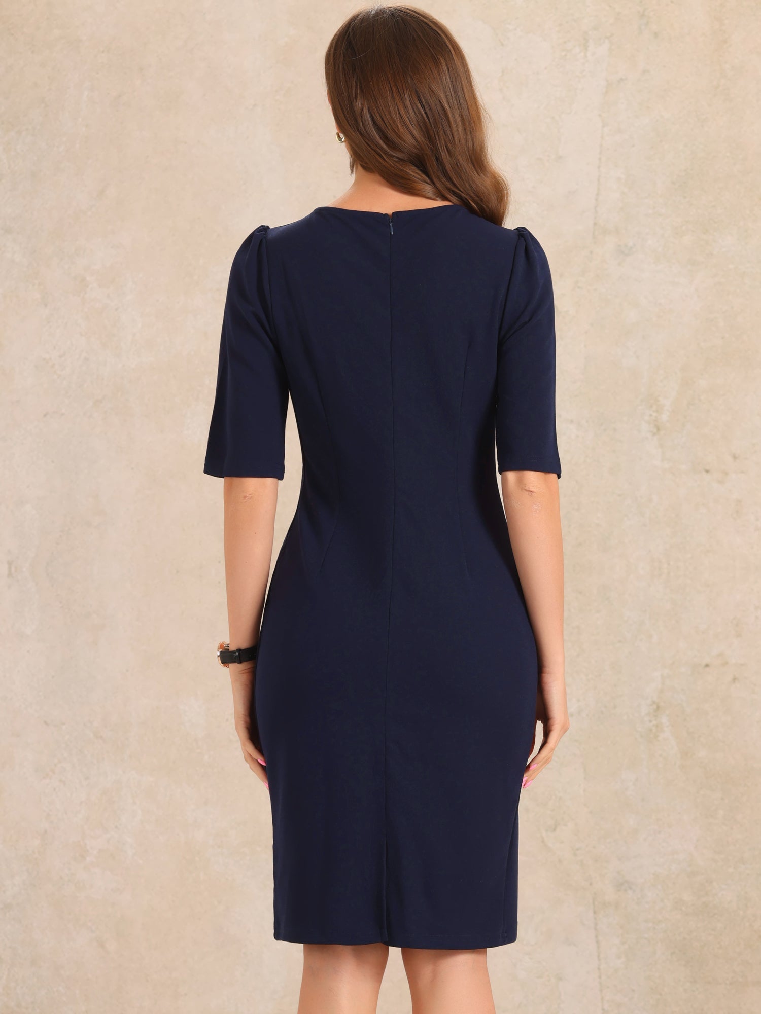 Ruched Puff Short Sleeve Work Sheath Midi Dress
