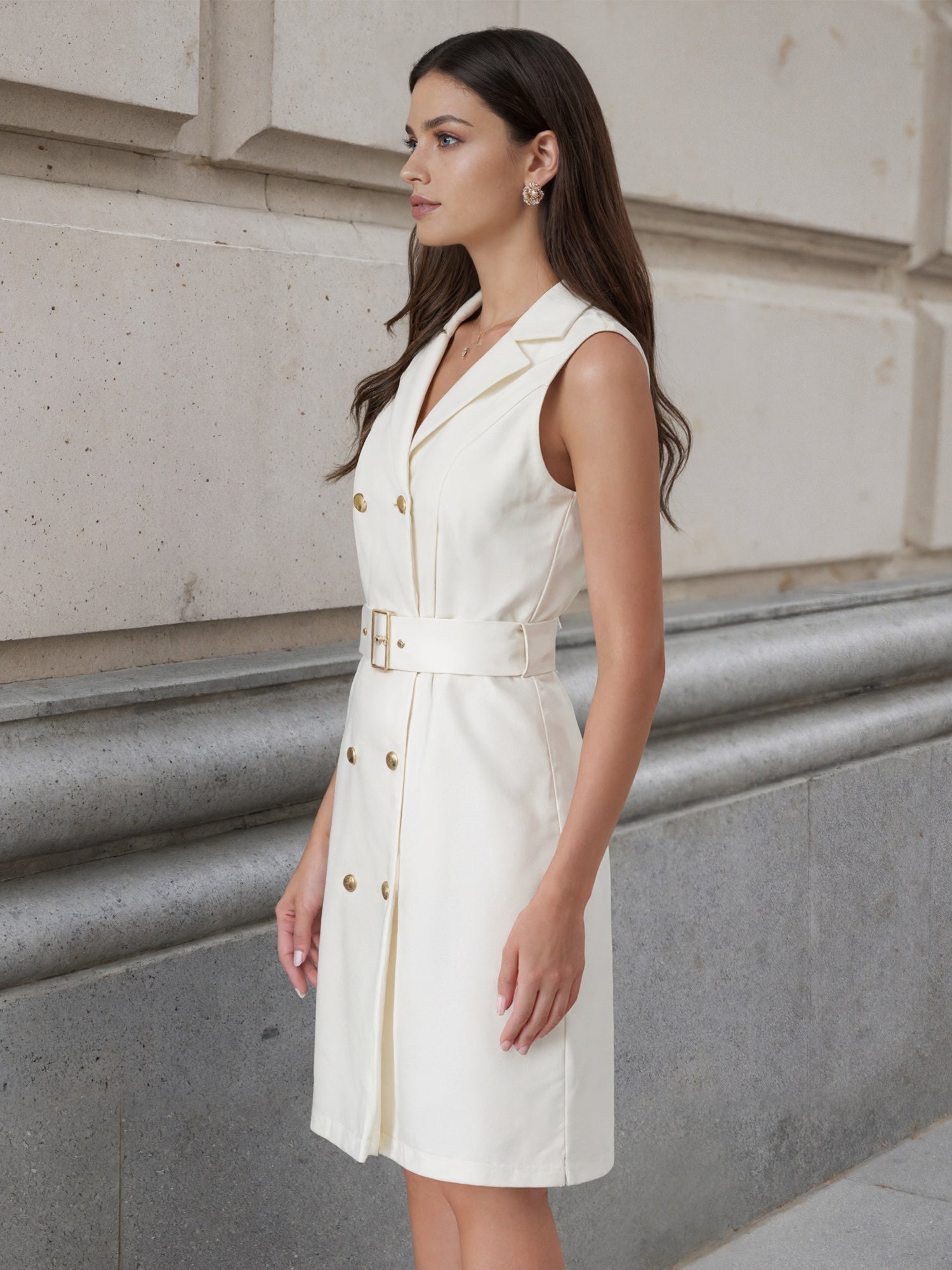 Sleeveless Notched Lapel Double Breasted Belted Office Blazer Dress