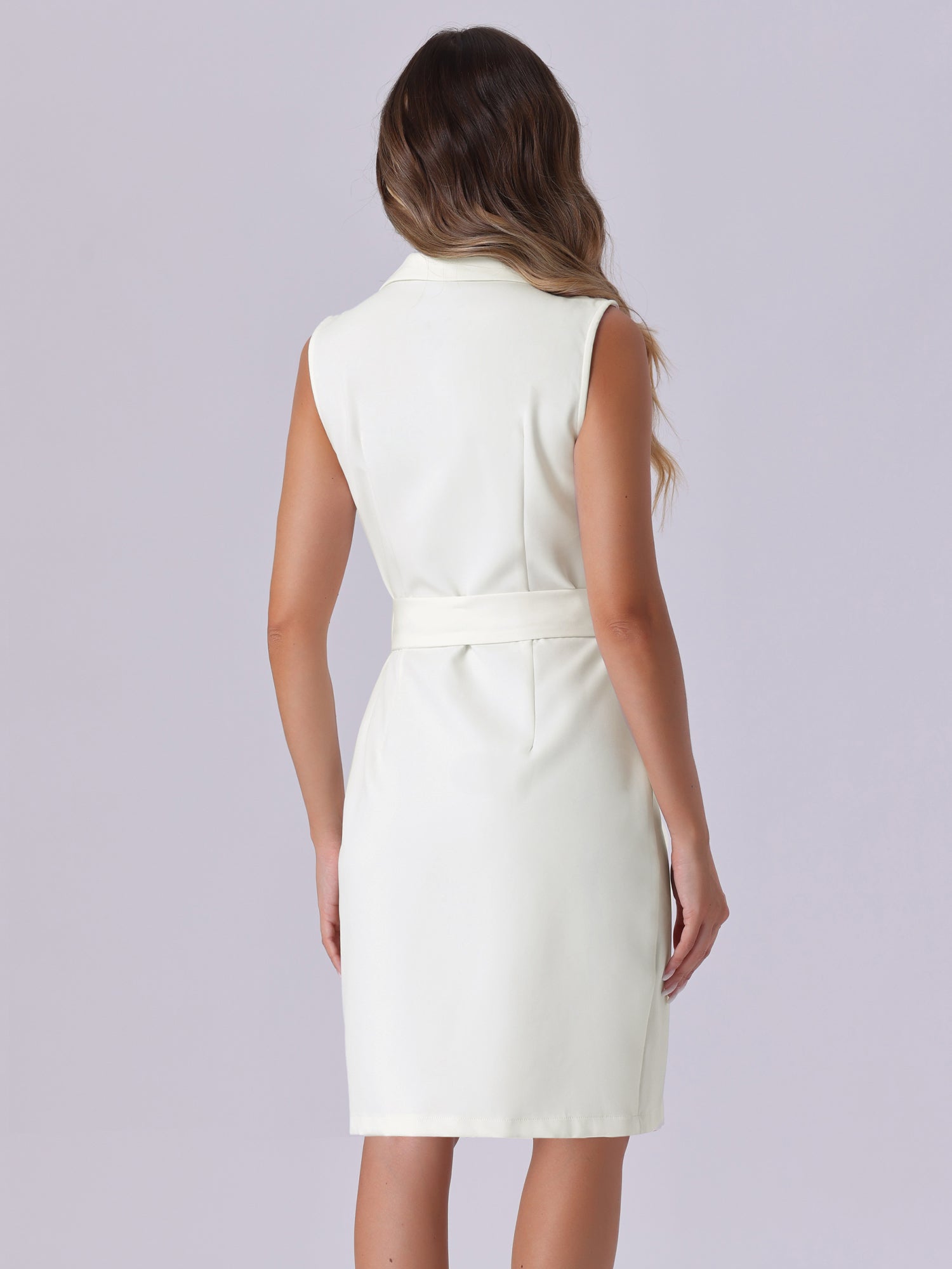 Sleeveless Notched Lapel Double Breasted Belted Office Blazer Dress