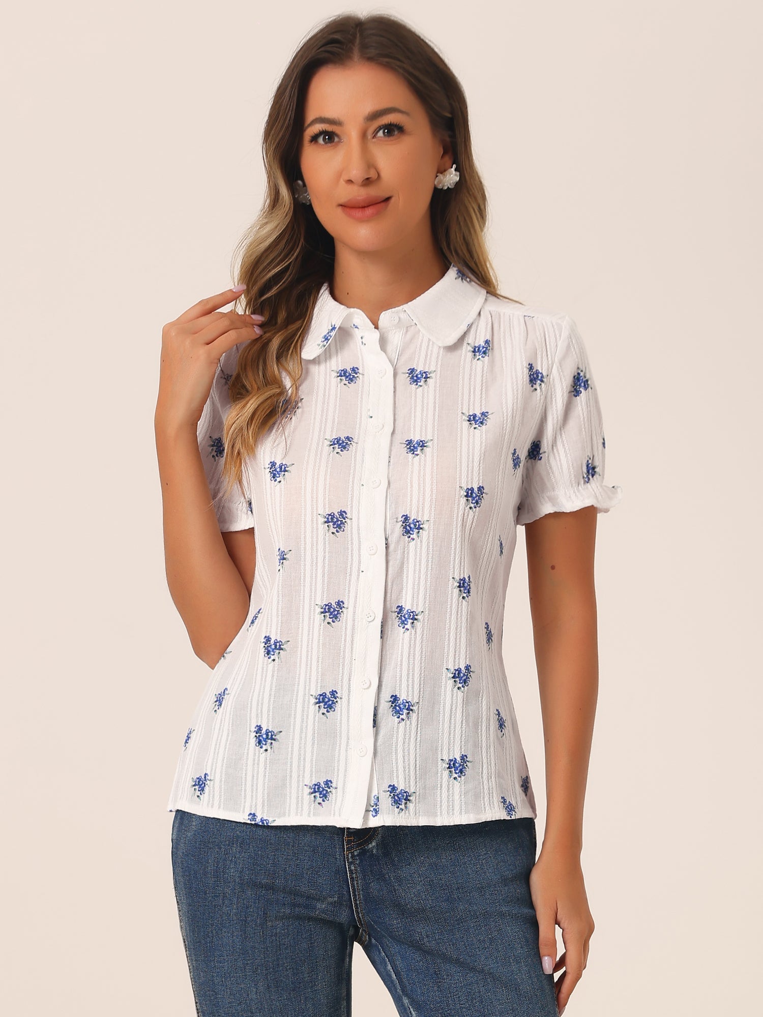 Floral Printed Peter Pan Collar Cotton Short Sleeve Shirt