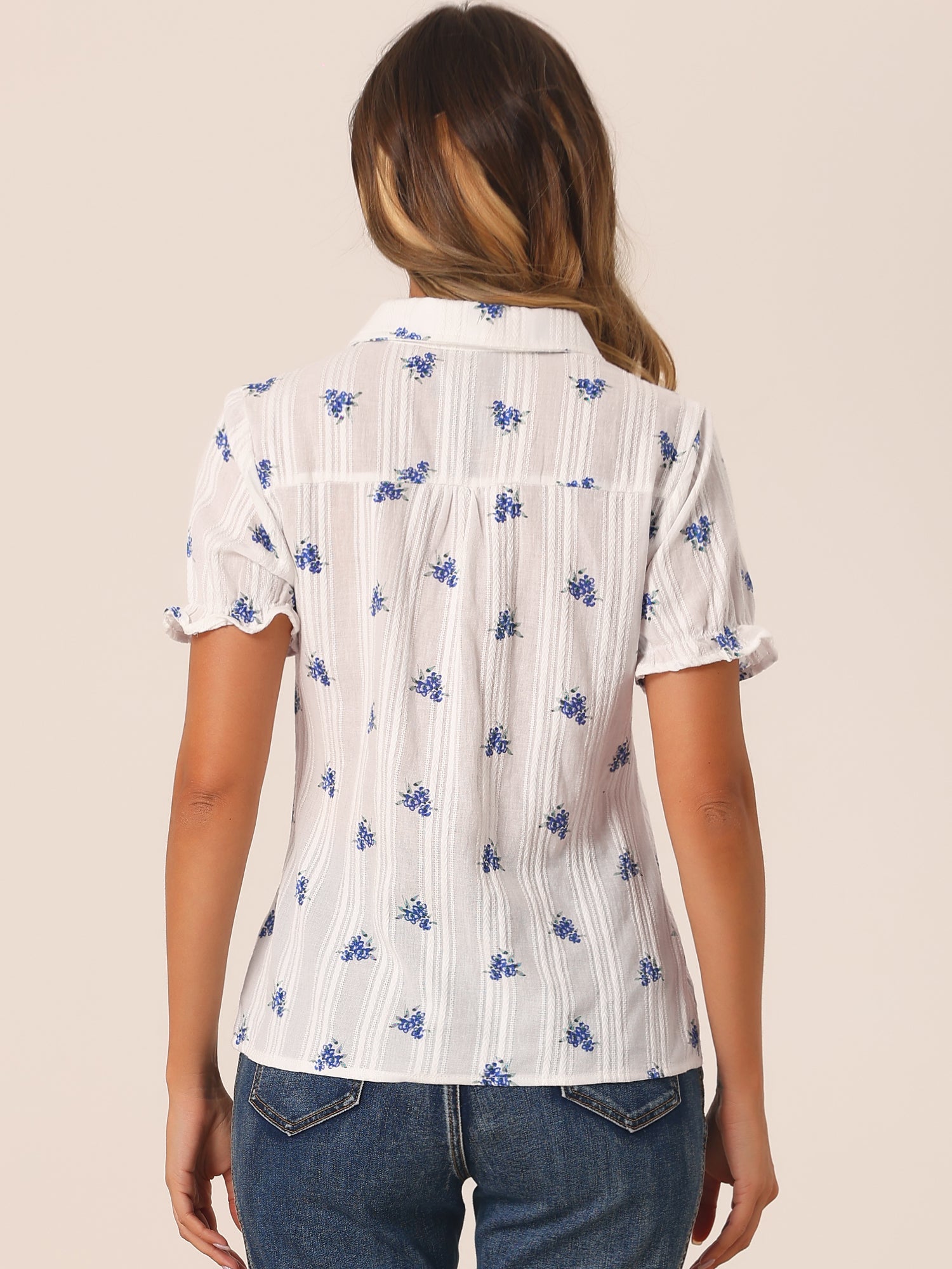 Floral Printed Peter Pan Collar Cotton Short Sleeve Shirt