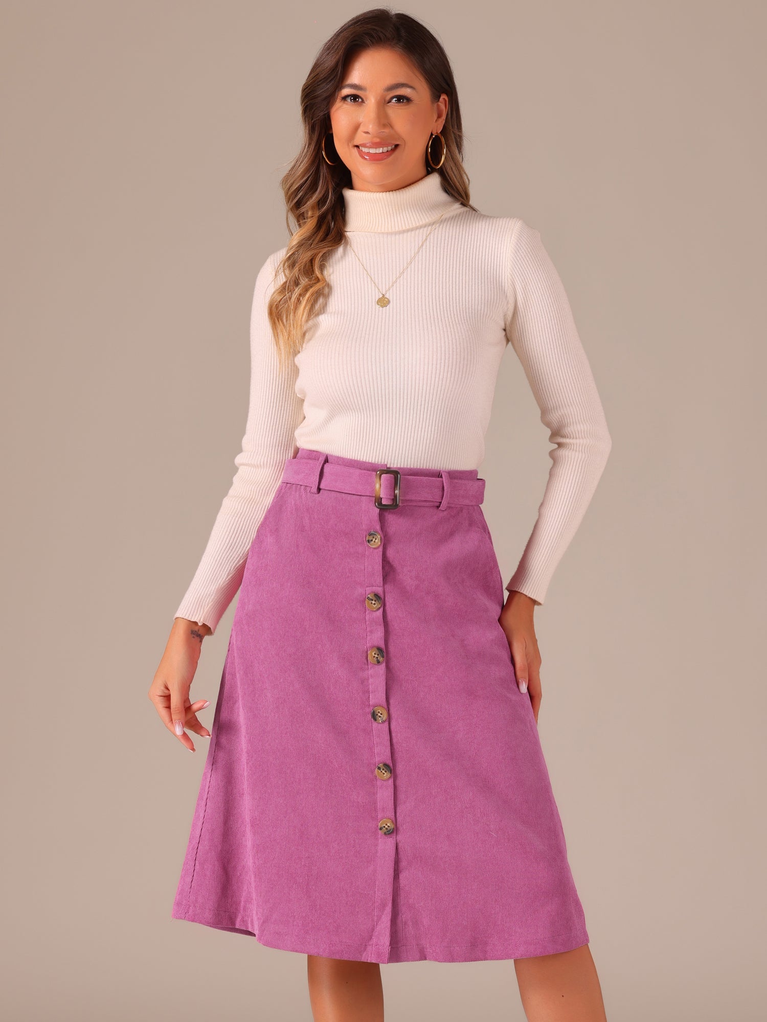 High Waist Button Front Belted Corduroy A-Line Midi Skirt