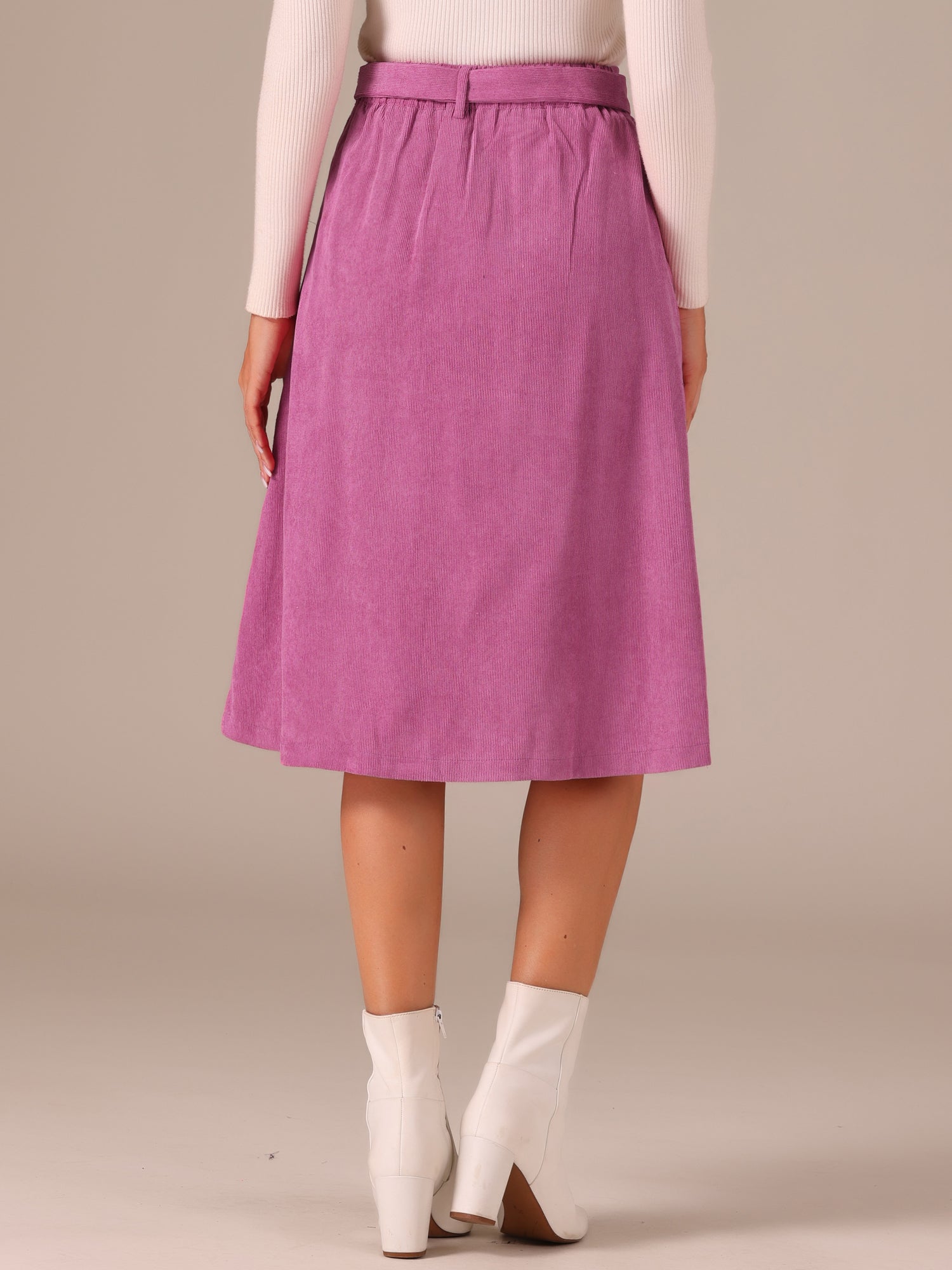 High Waist Button Front Belted Corduroy A-Line Midi Skirt