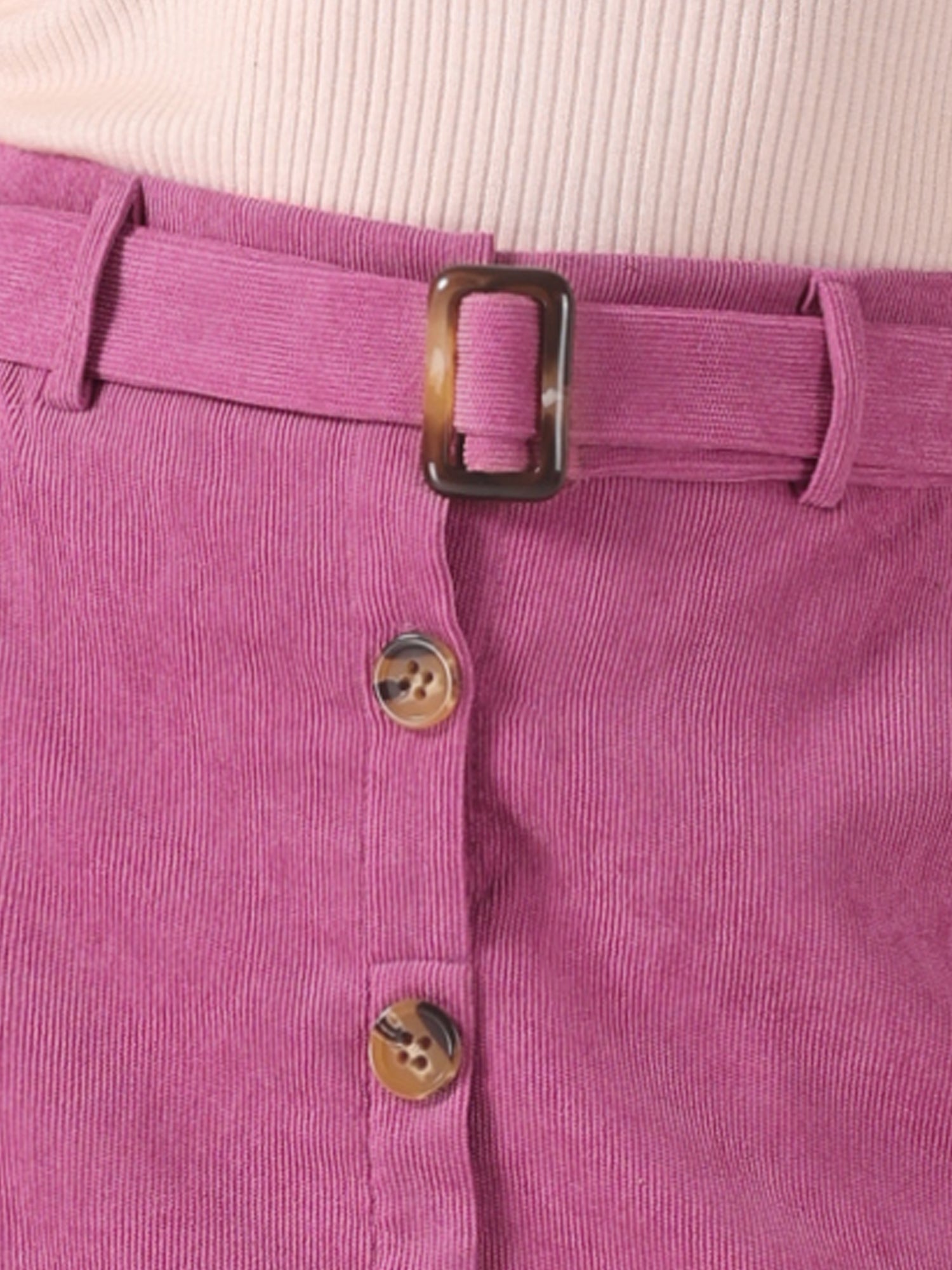 High Waist Button Front Belted Corduroy A-Line Midi Skirt