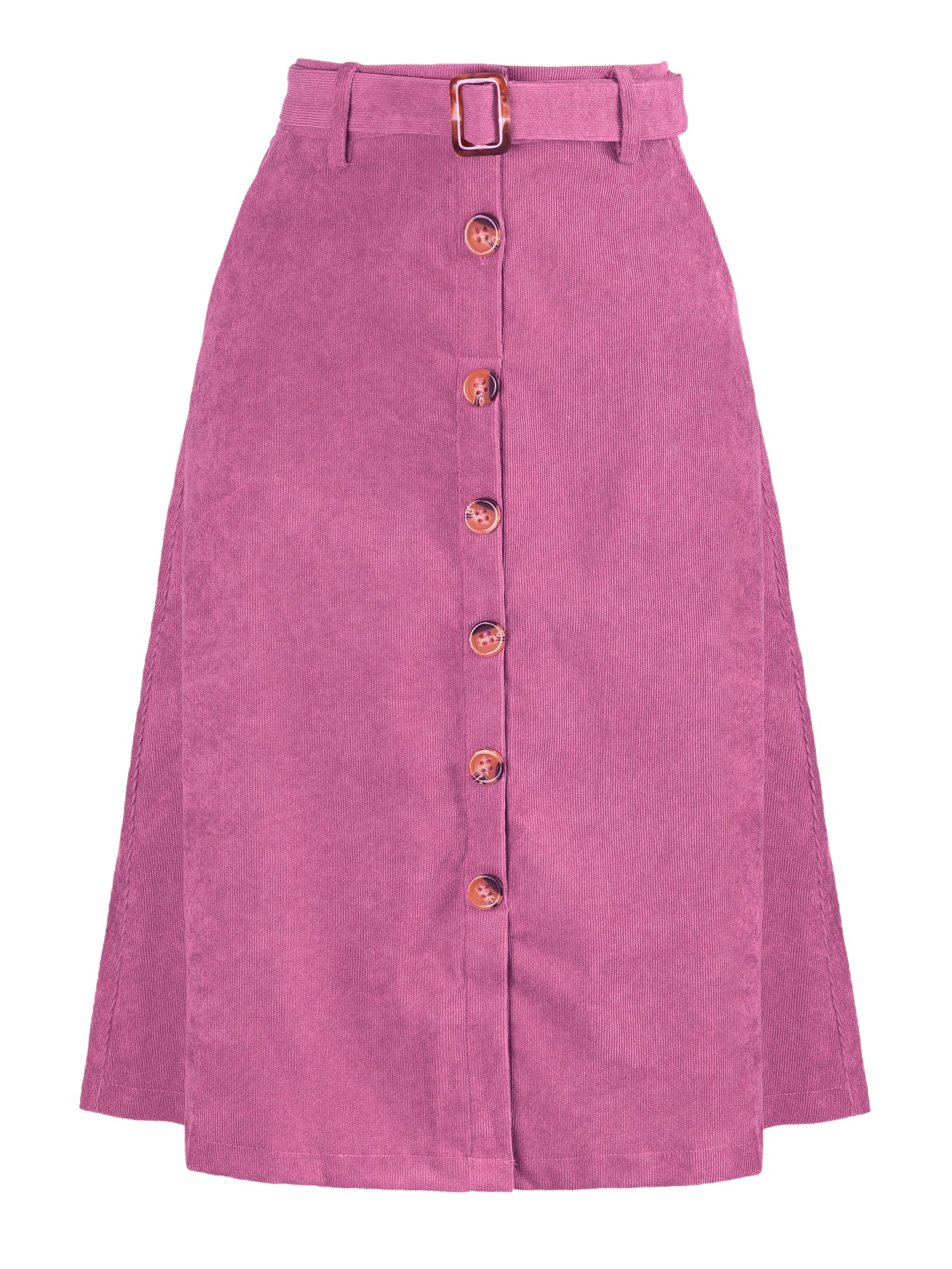 High Waist Button Front Belted Corduroy A-Line Midi Skirt