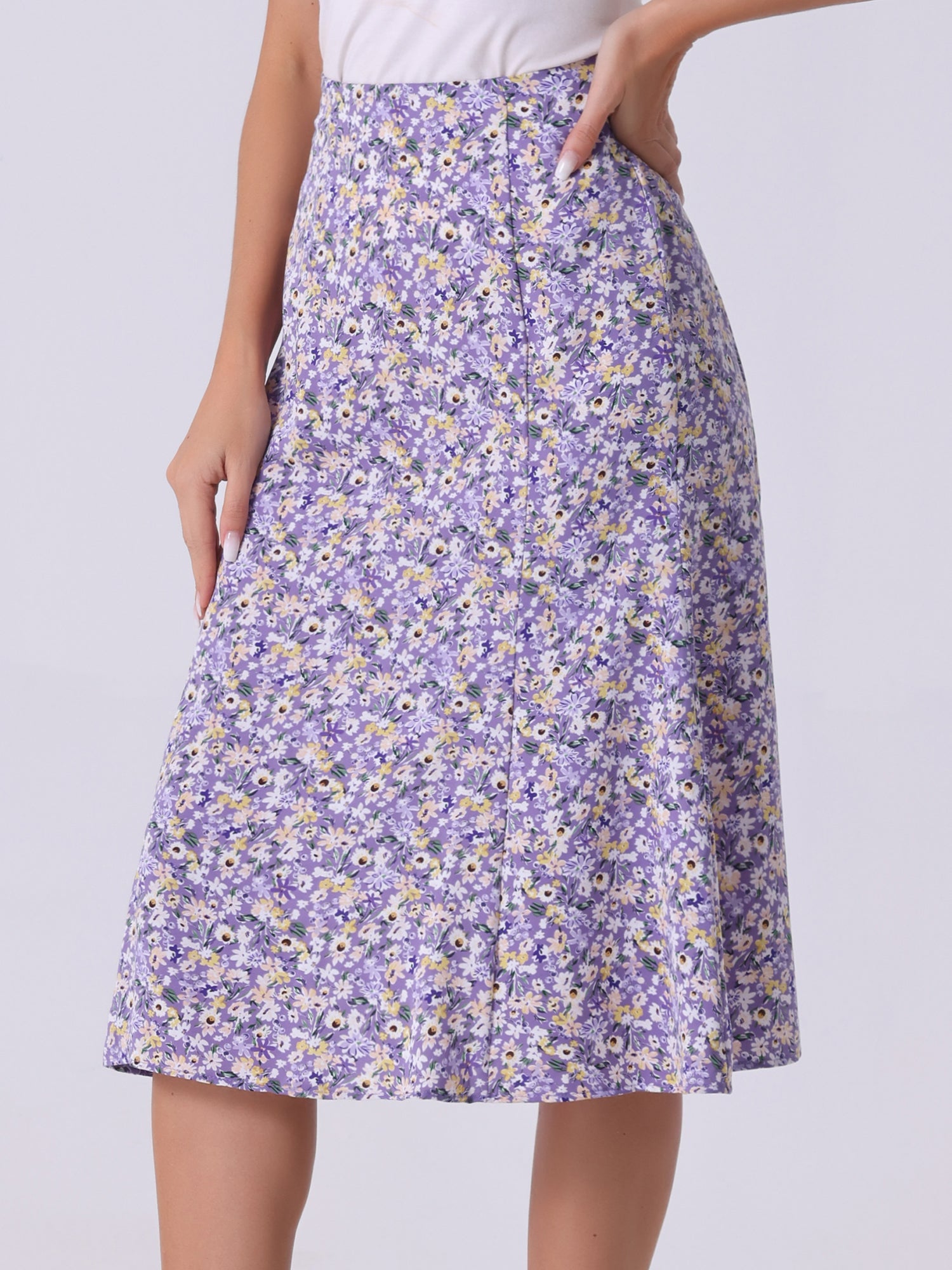 Floral Peasant Elastic Waist A-Line Ditsy Leave Midi Skirt