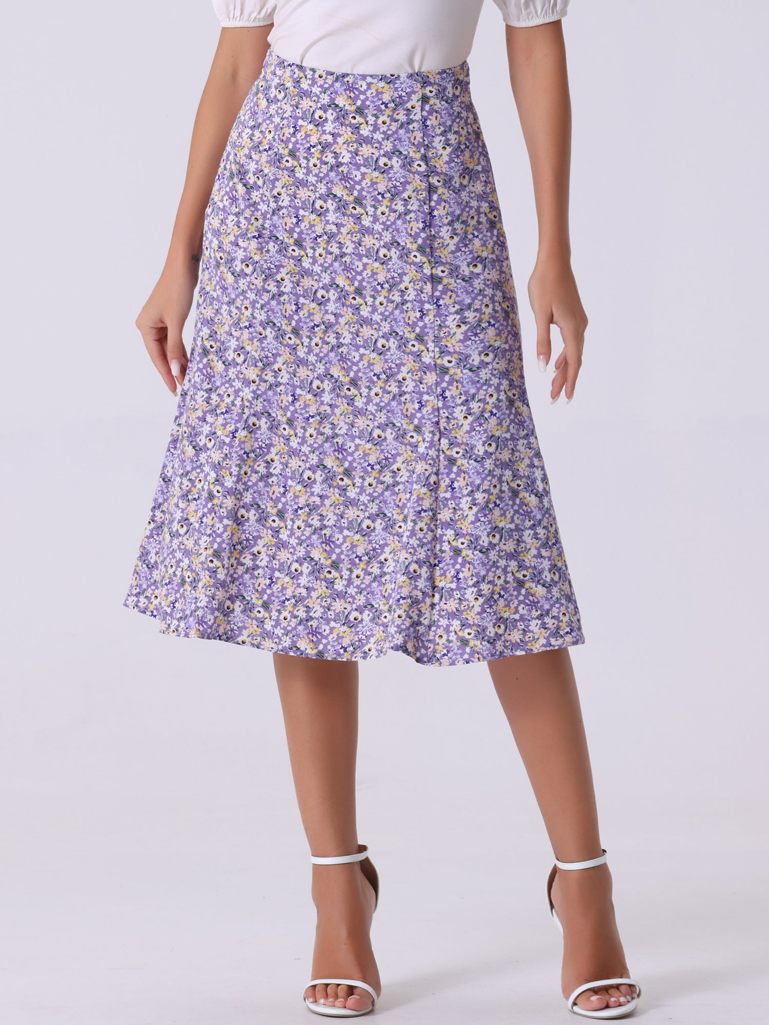 Floral Peasant Elastic Waist A-Line Ditsy Leave Midi Skirt