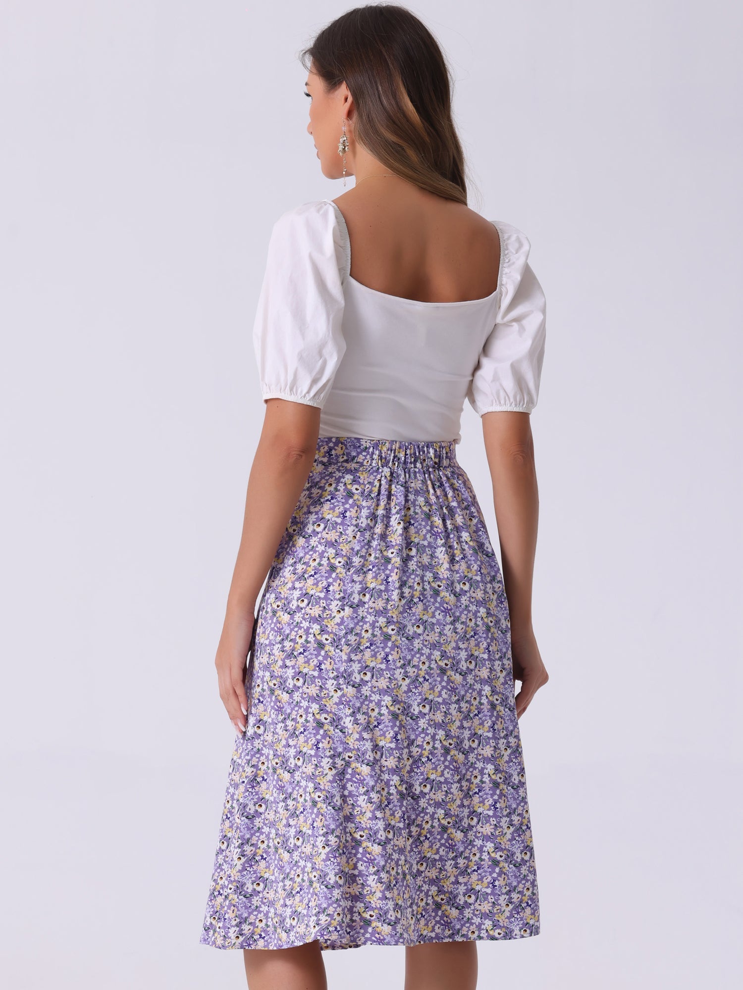 Floral Peasant Elastic Waist A-Line Ditsy Leave Midi Skirt