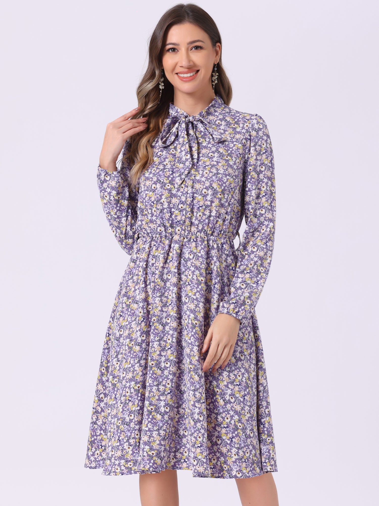 Tie Neck Chiffon Long Sleeve Belted Vintage Floral Dress