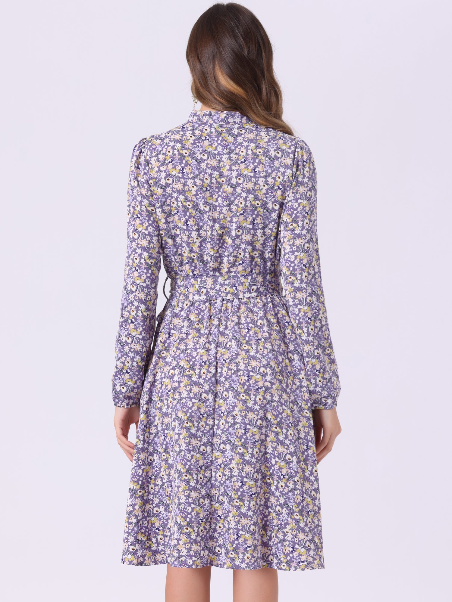 Tie Neck Chiffon Long Sleeve Belted Vintage Floral Dress